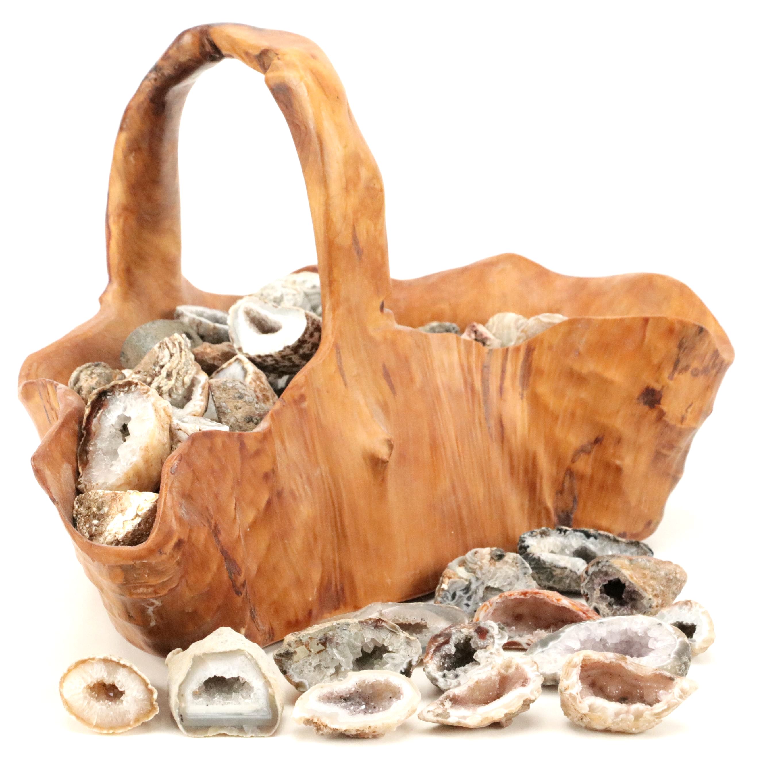 Partially Polished Sliced Geode Specimens with Burl Wood Basket