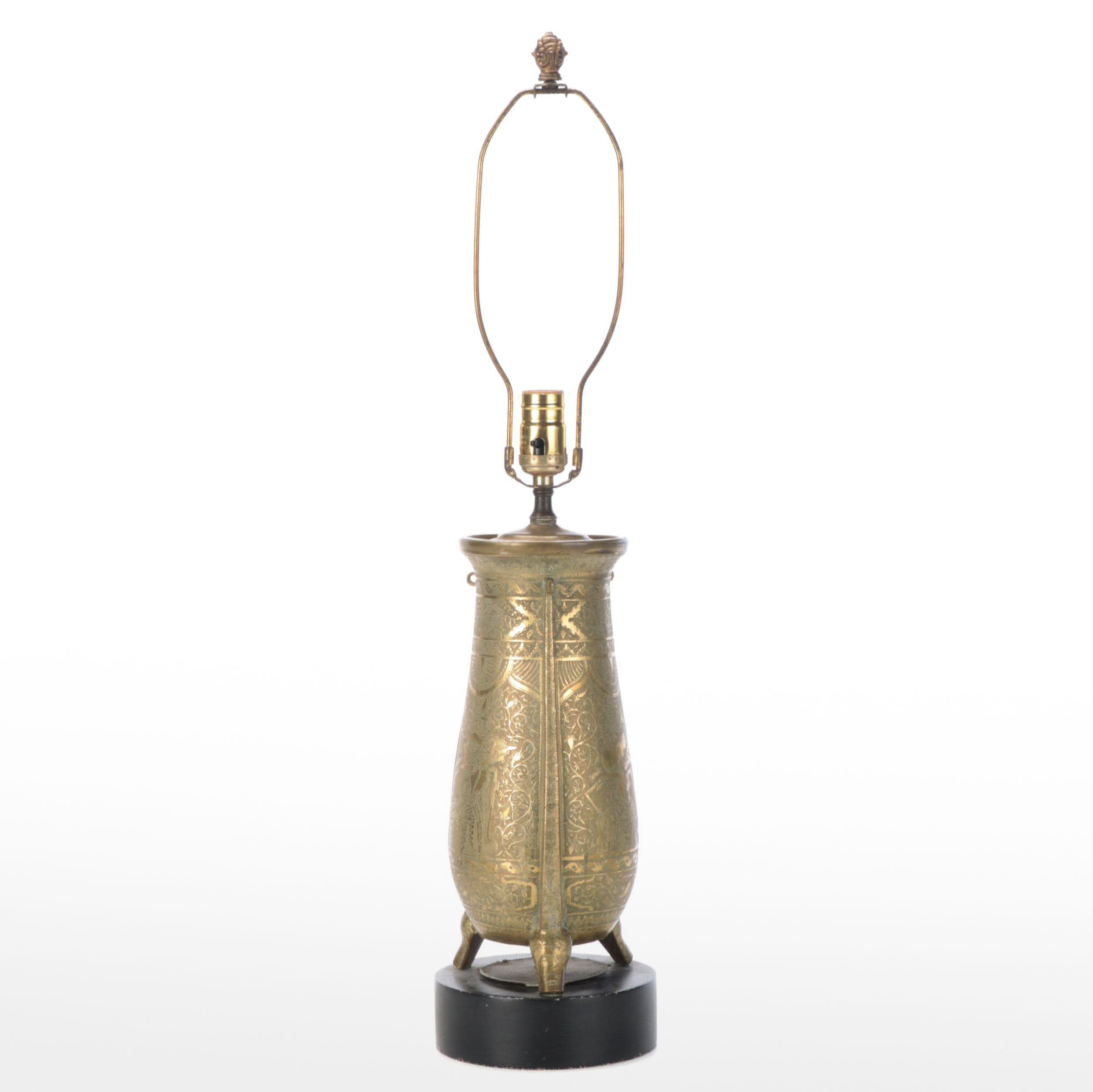 Balinese Motif Etched Brass Vase Adapted as Table Lamp, Mid /Late 20th C
