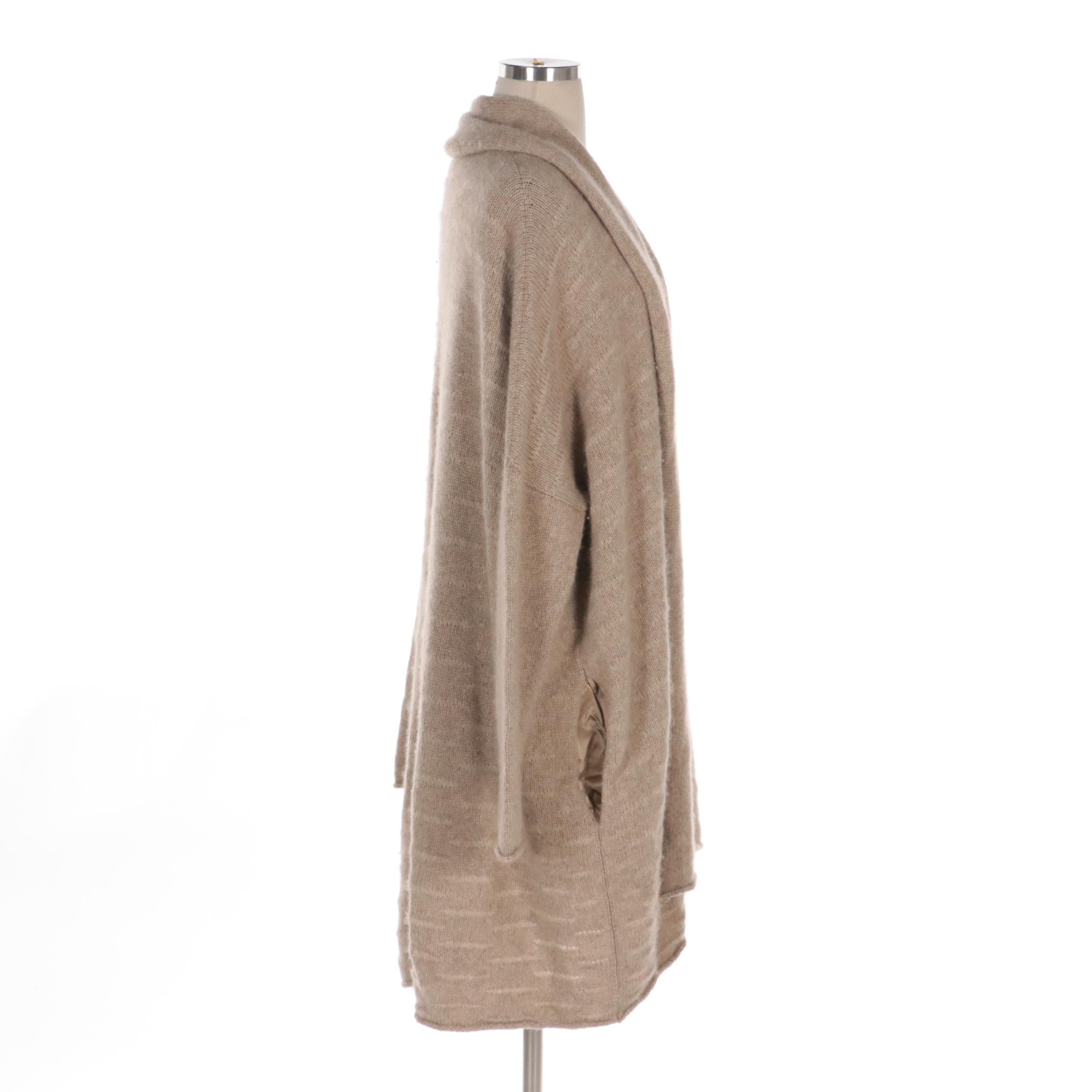 The Row Open Front Cardigan Sweater and Black Scoop Neck Long Sleeve T-Shirt