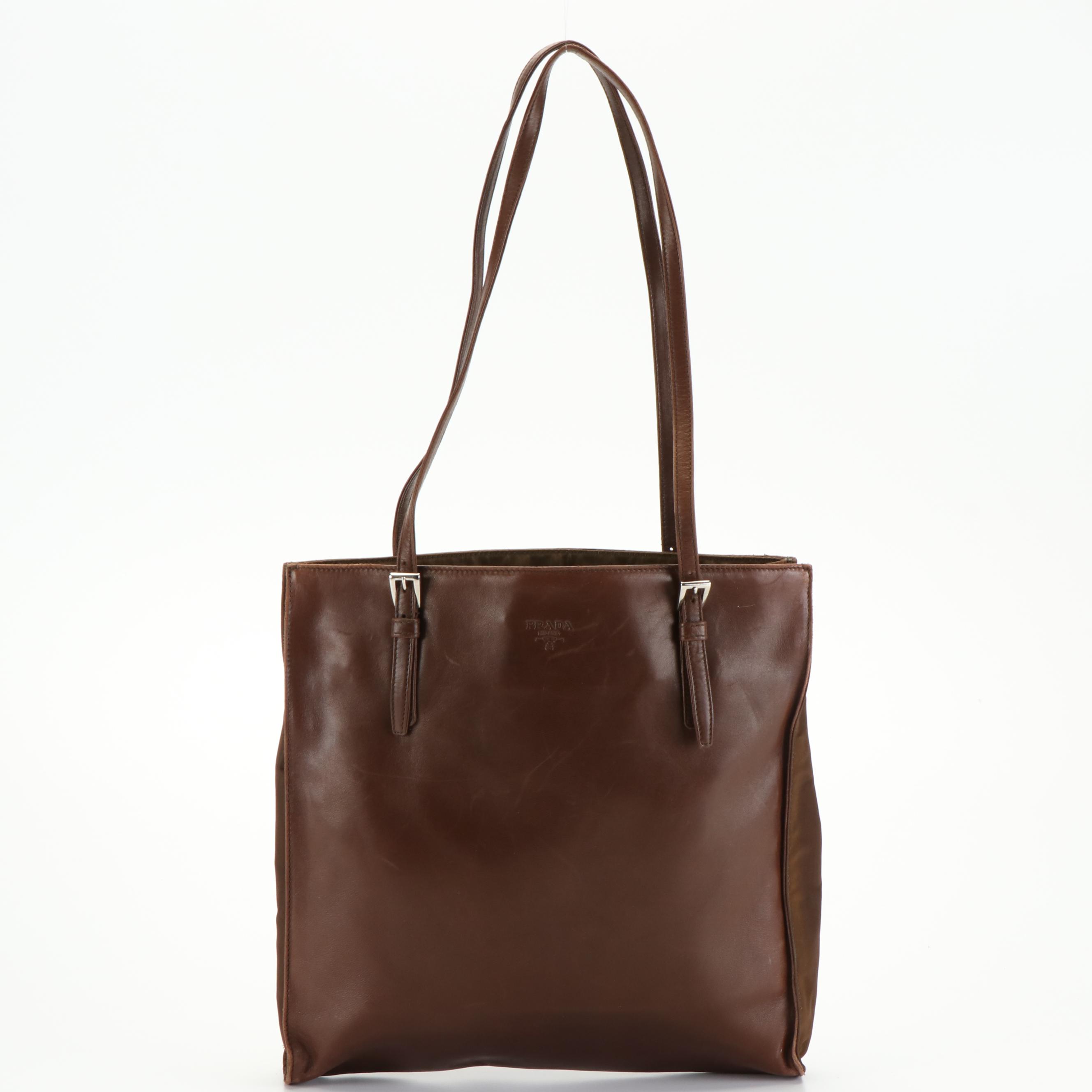 Prada Brown Leather and Nylon Tote Shoulder Bag