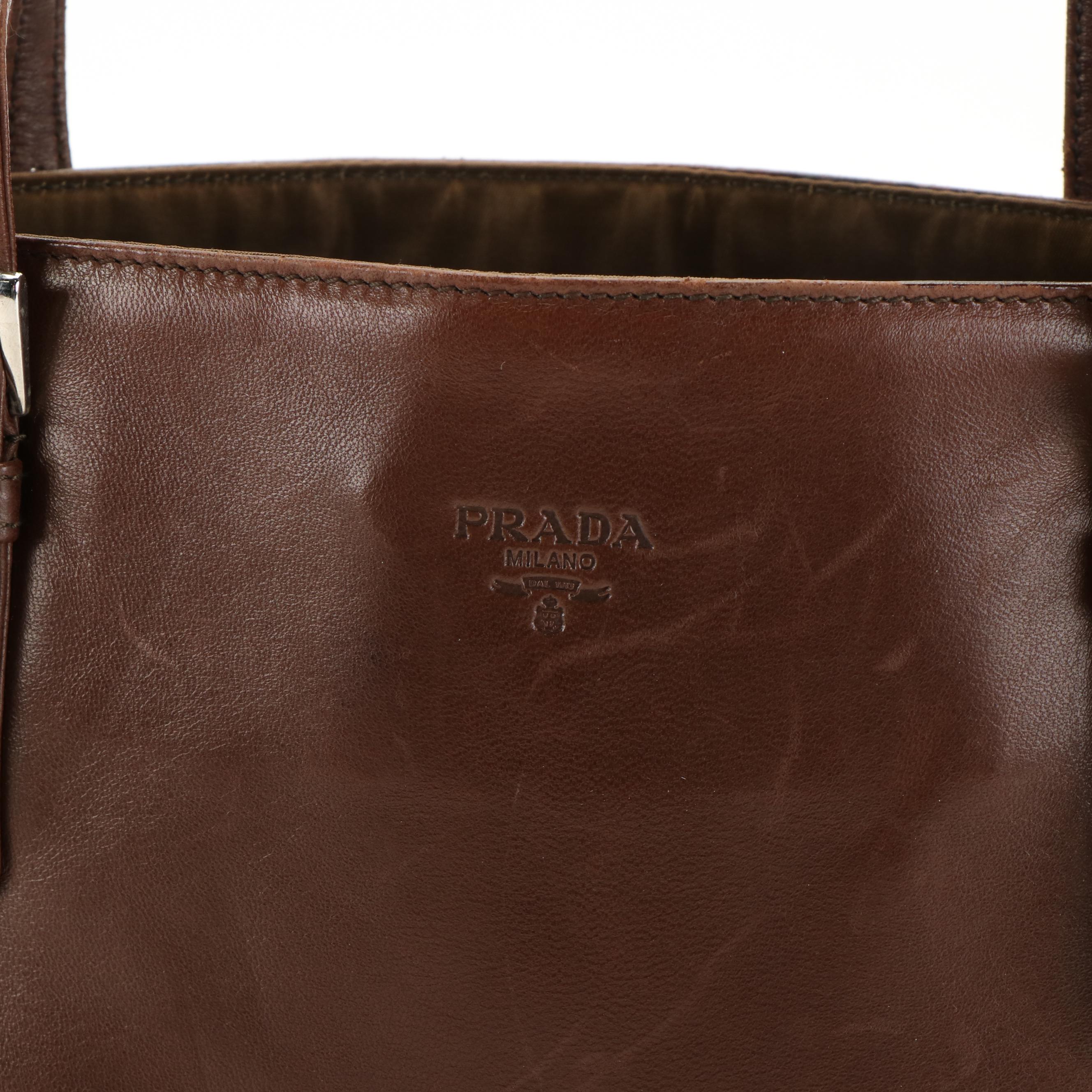 Prada Brown Leather and Nylon Tote Shoulder Bag