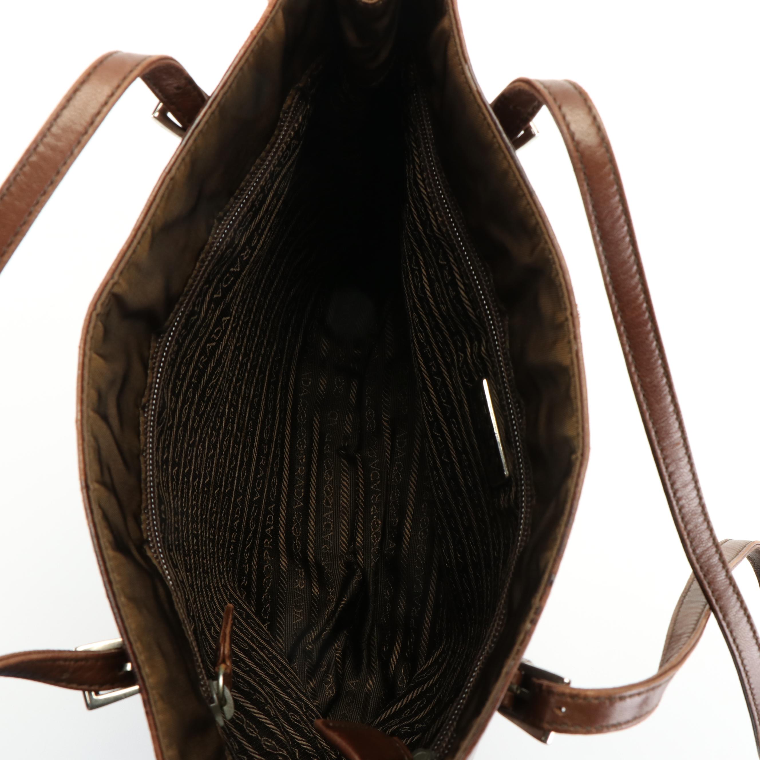 Prada Brown Leather and Nylon Tote Shoulder Bag