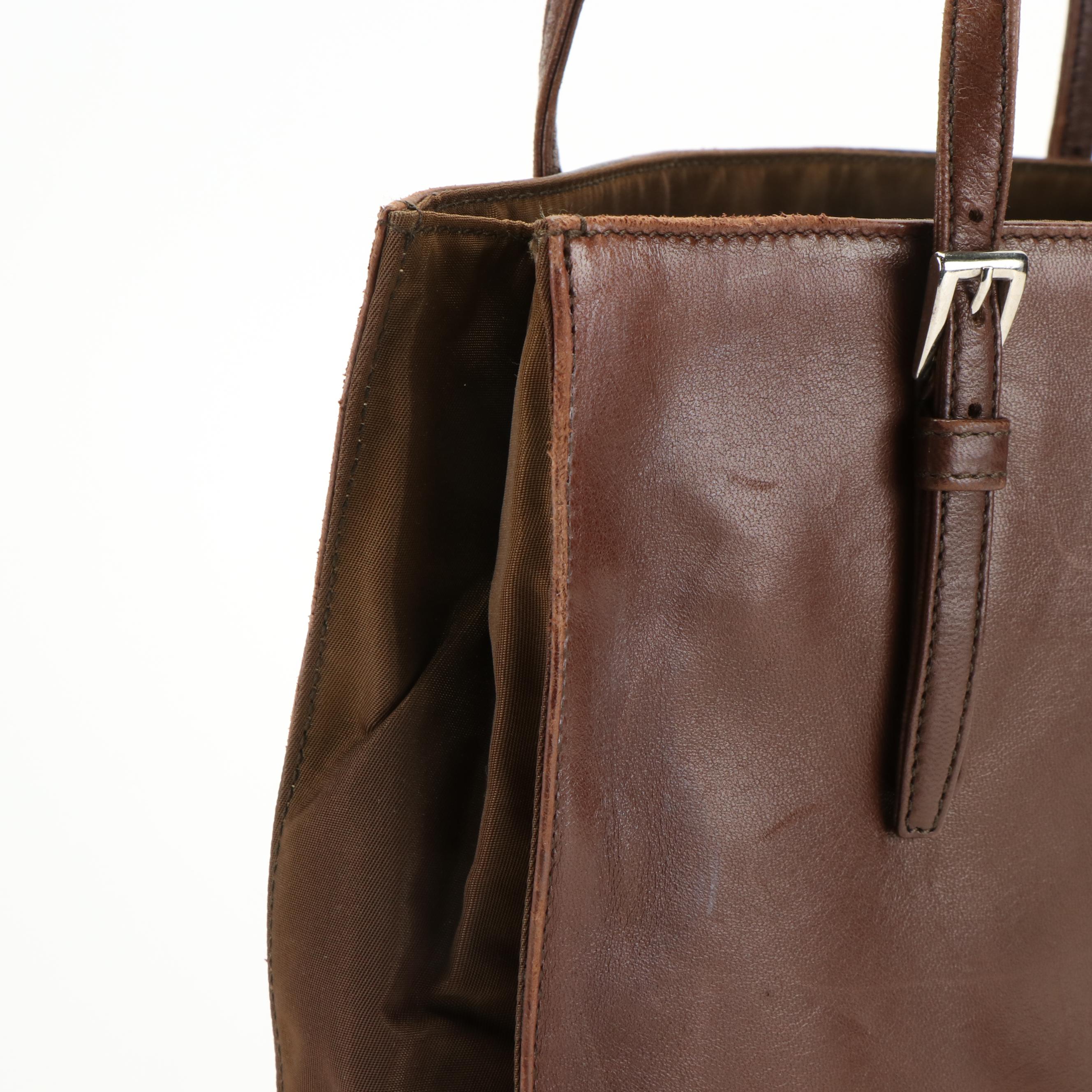 Prada Brown Leather and Nylon Tote Shoulder Bag