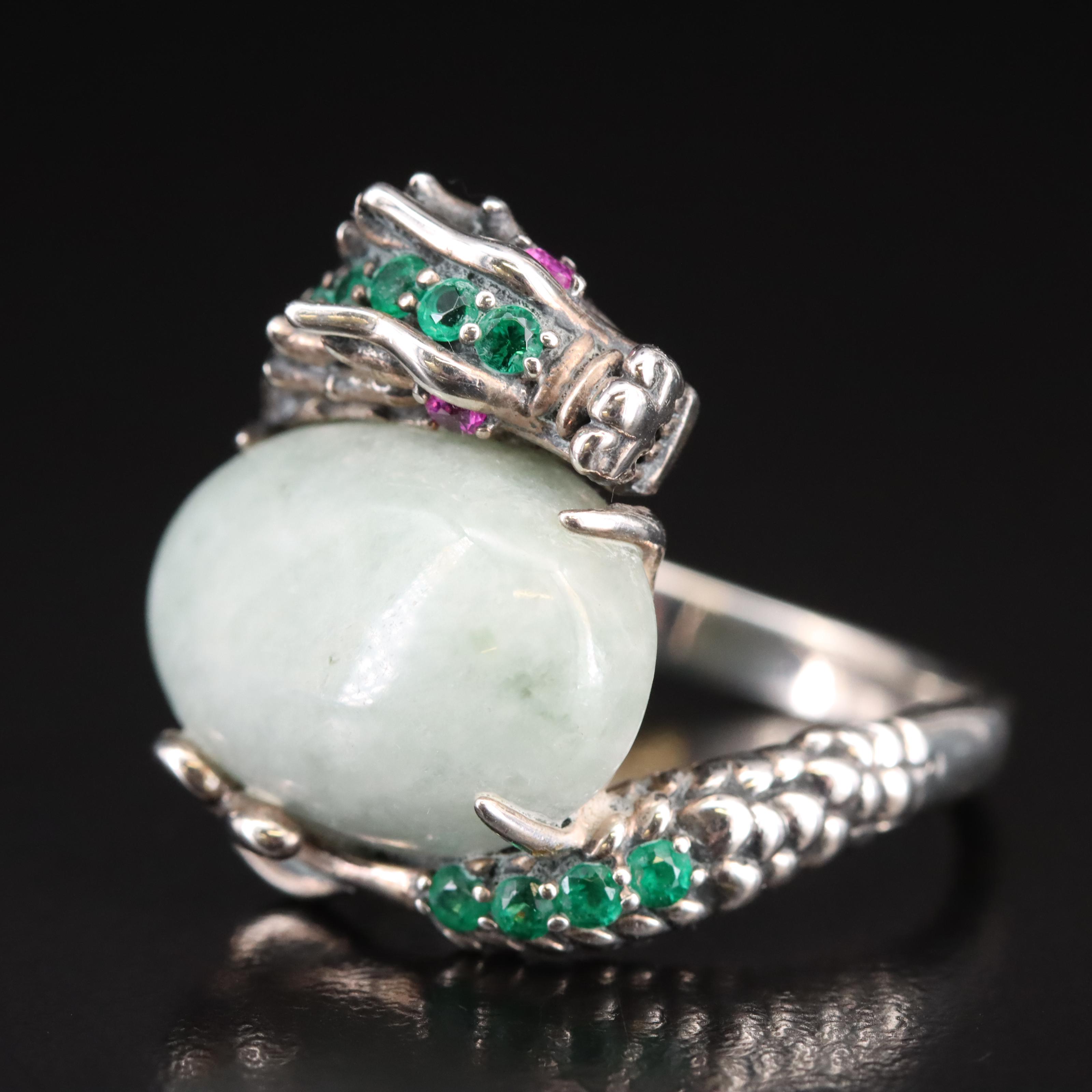 Sterling Jadeite, Ruby and Glass Dragon Ring