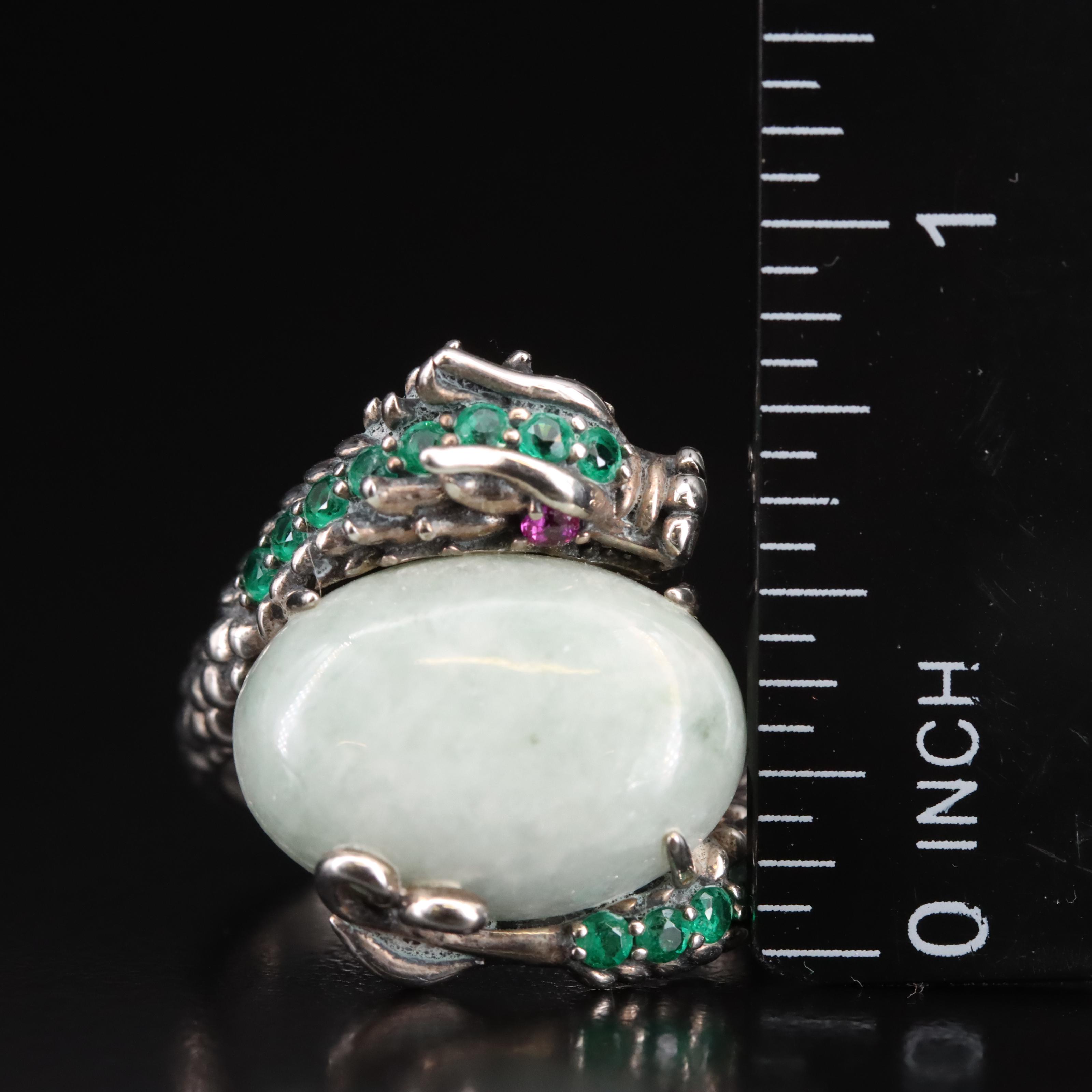 Sterling Jadeite, Ruby and Glass Dragon Ring