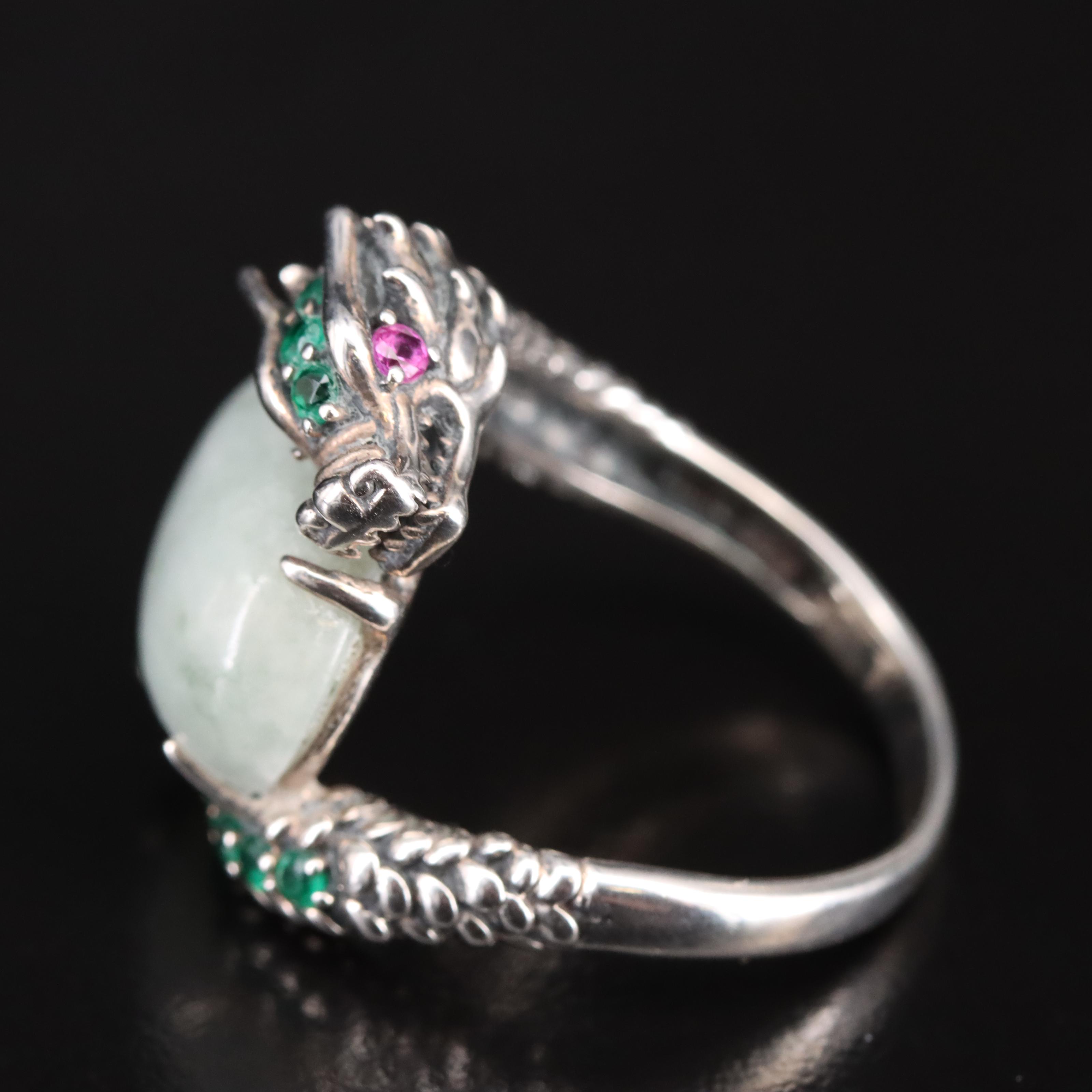 Sterling Jadeite, Ruby and Glass Dragon Ring