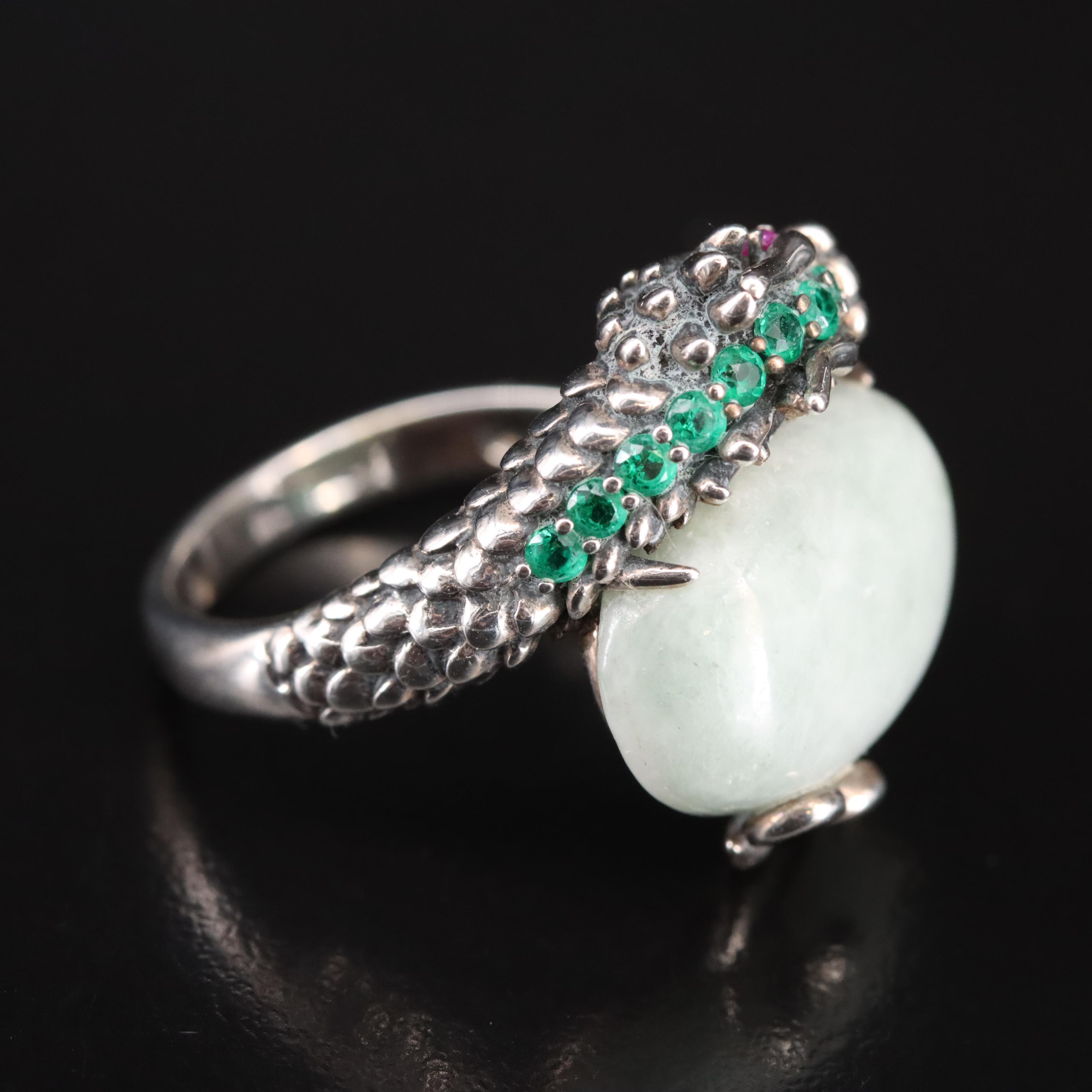 Sterling Jadeite, Ruby and Glass Dragon Ring