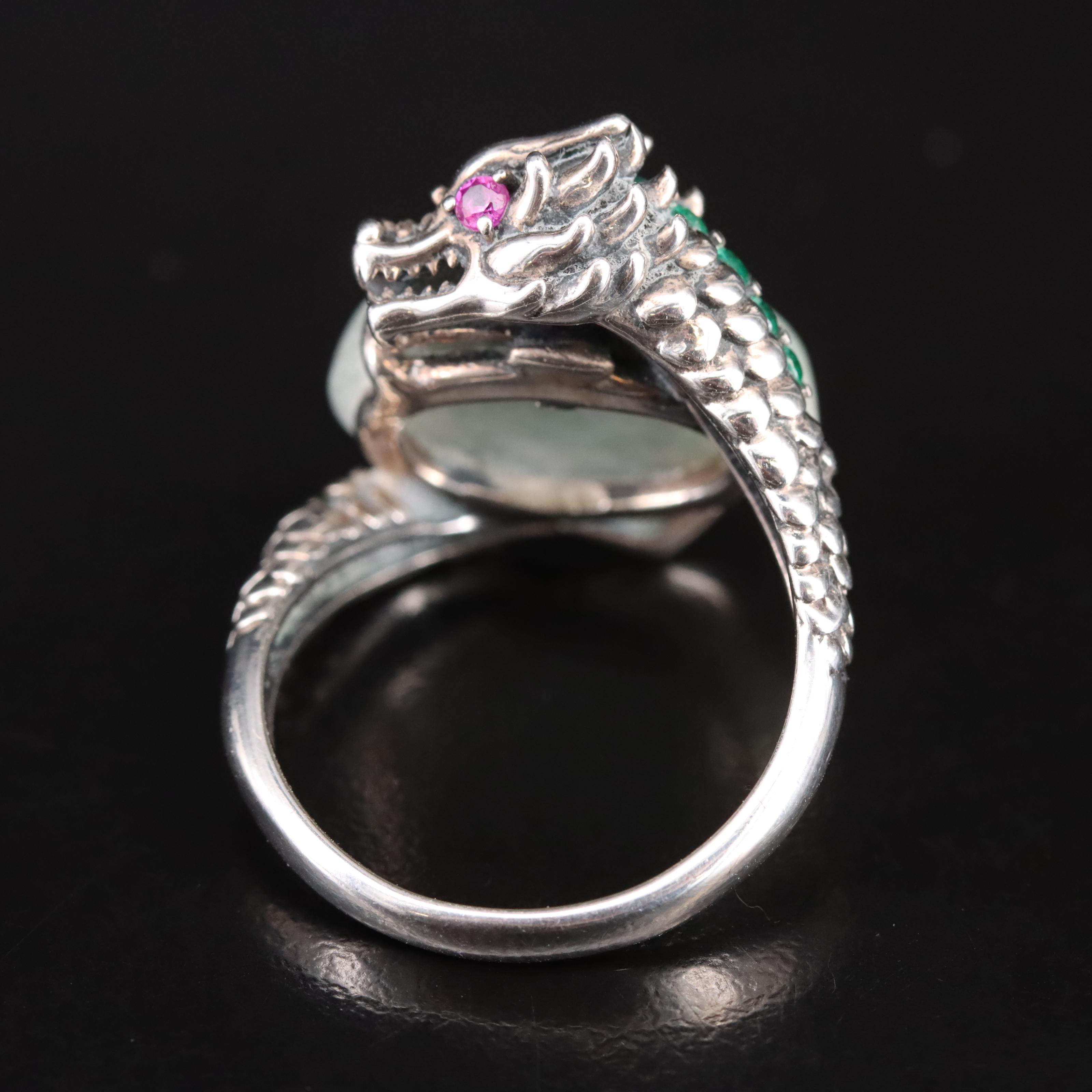 Sterling Jadeite, Ruby and Glass Dragon Ring