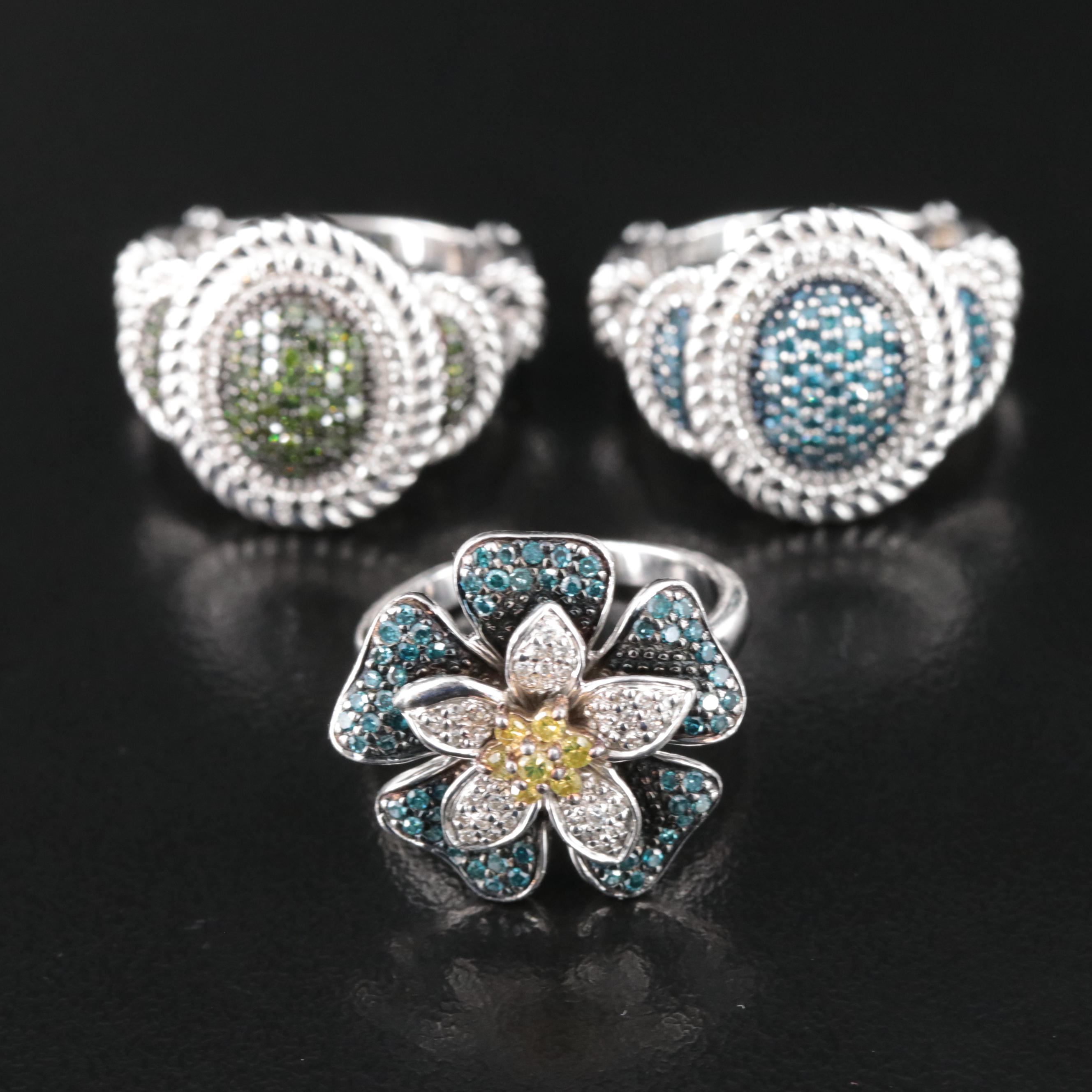 Sterling Diamond Ring Collection Including Fancy Color