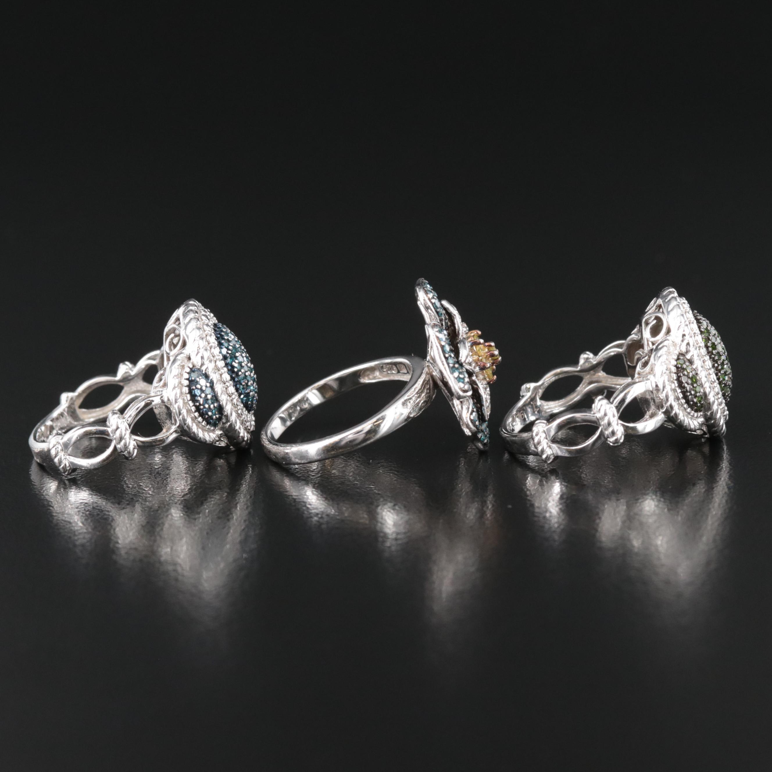 Sterling Diamond Ring Collection Including Fancy Color