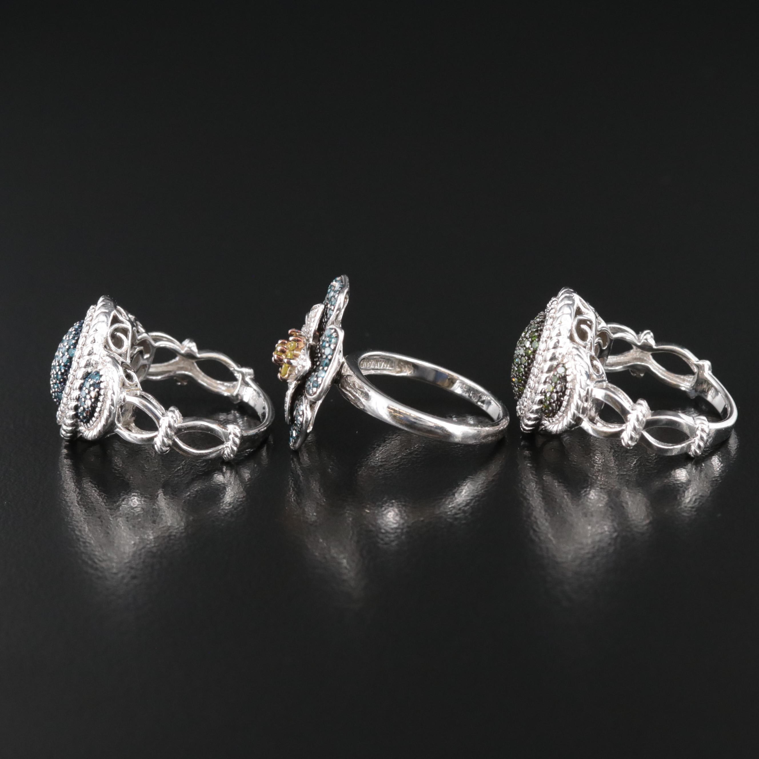 Sterling Diamond Ring Collection Including Fancy Color