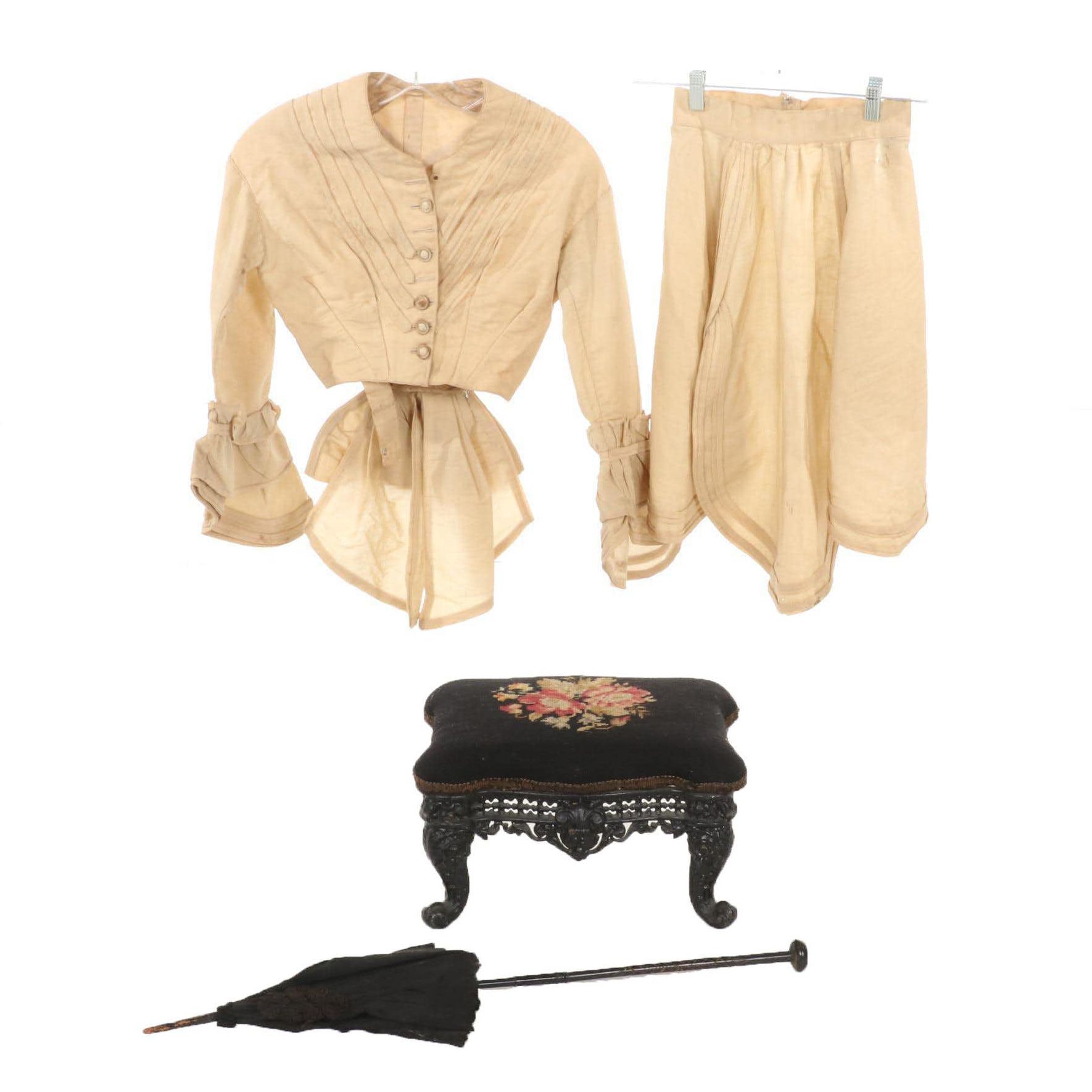 Victorian Iron Footstool With Needlepoint and 1860s Fashion Items and Parasol
