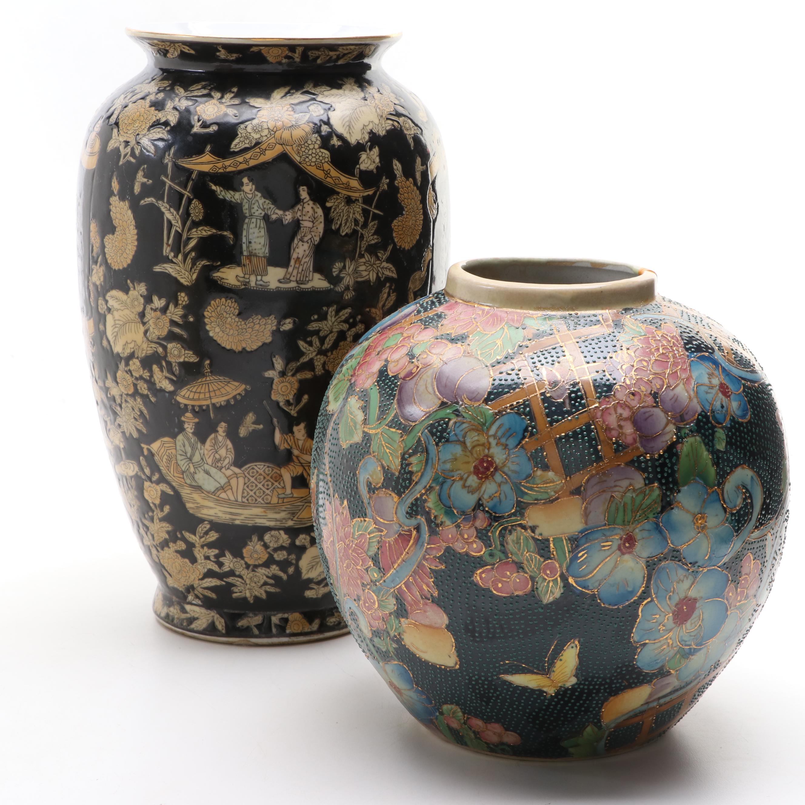 Chinese Moriage Ceramic Vase and Hand-Painted Ceramic Floor Vase