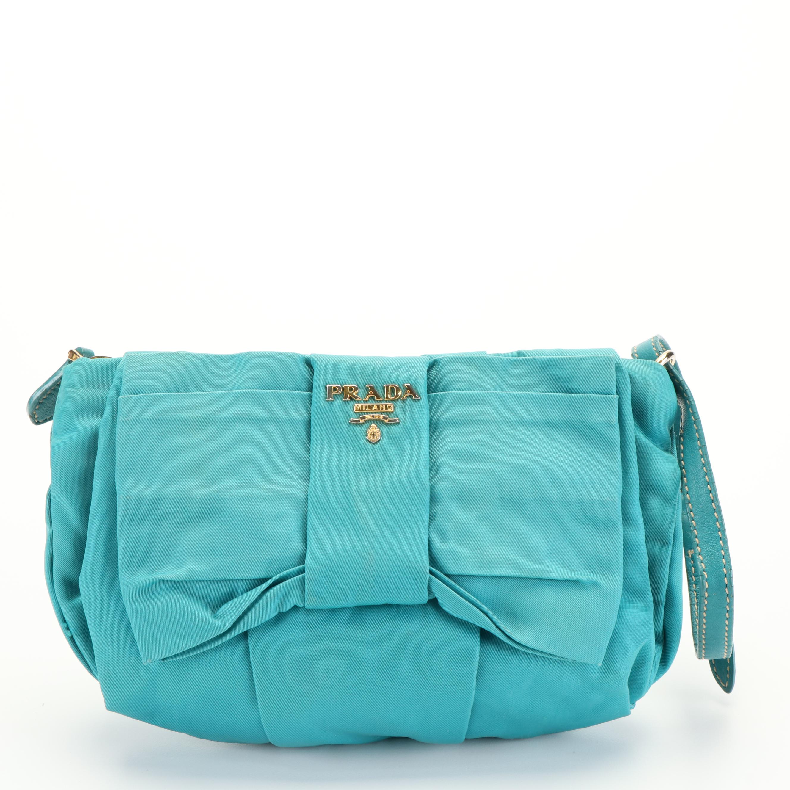 Prada Fiocco Turquoise Tessuto Nylon Bow Wristlet Clutch