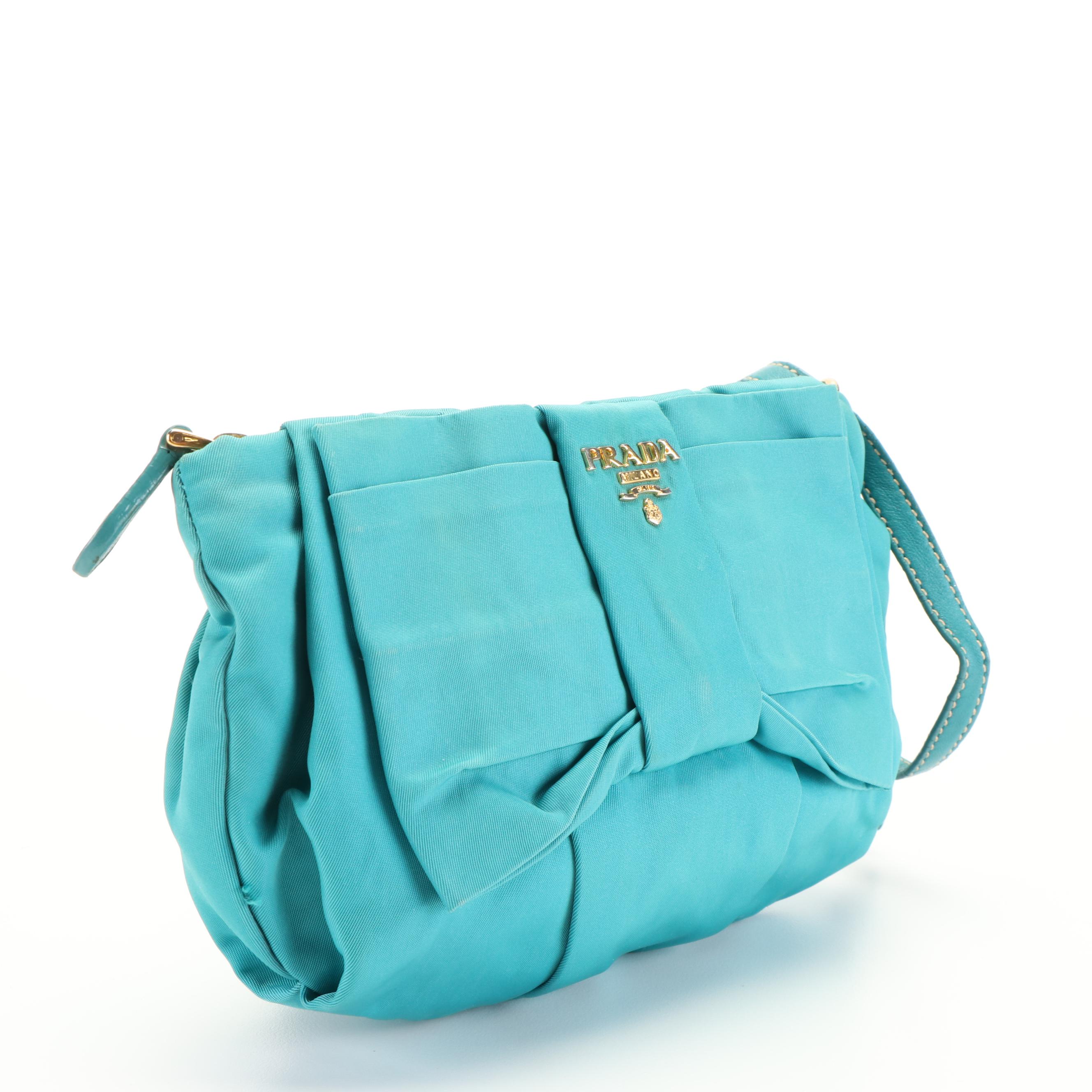 Prada Fiocco Turquoise Tessuto Nylon Bow Wristlet Clutch