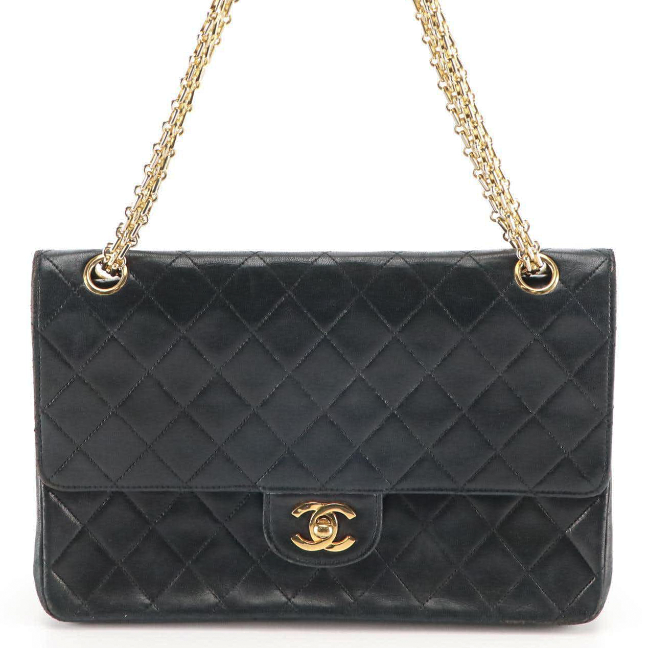 Chanel Double Flap Chain Strap Shoulder Bag in Black Quilted Lambskin Leather