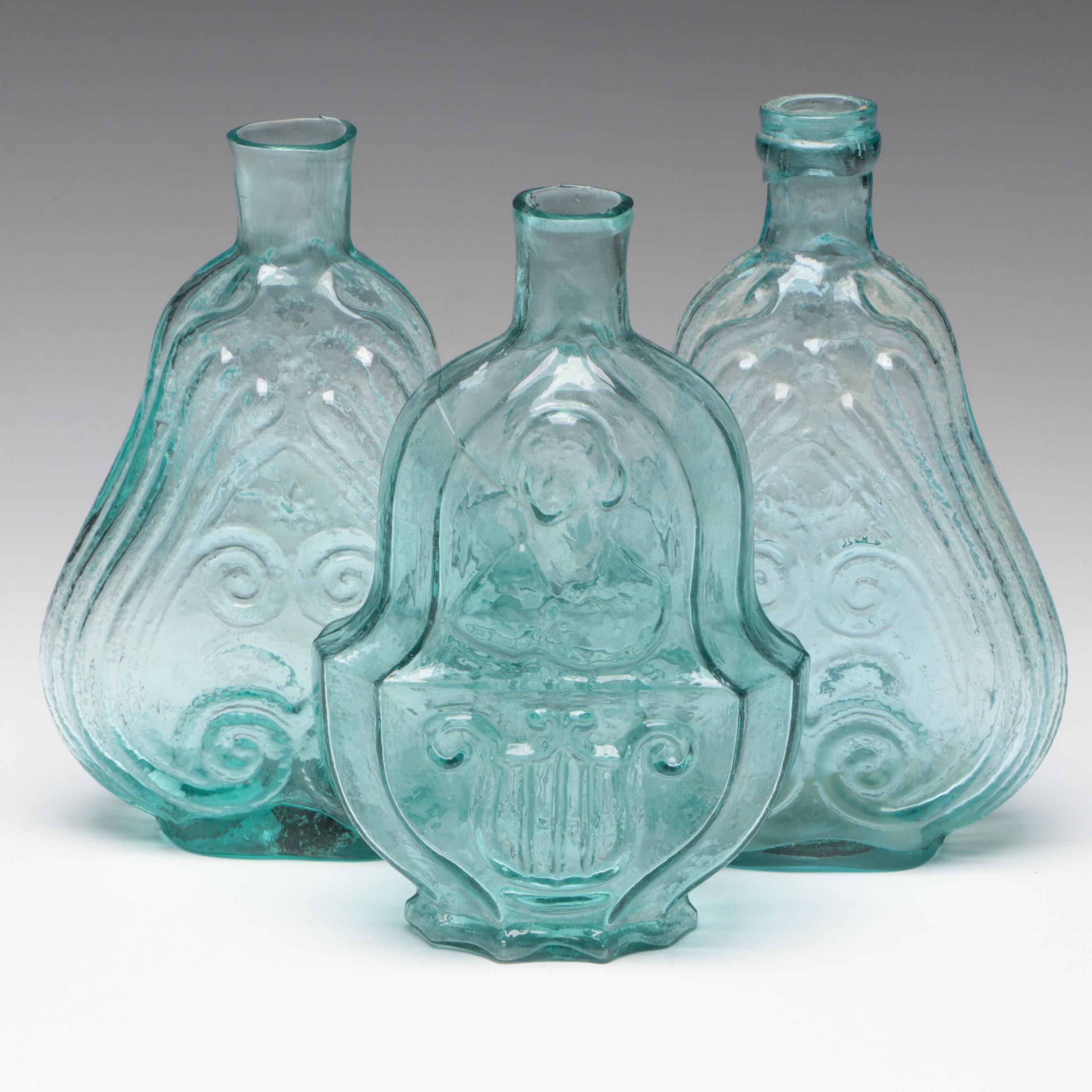 Aqua Scrolled Pressed Glass Flasks and Lyre Jenny Lind Bottle | EBTH