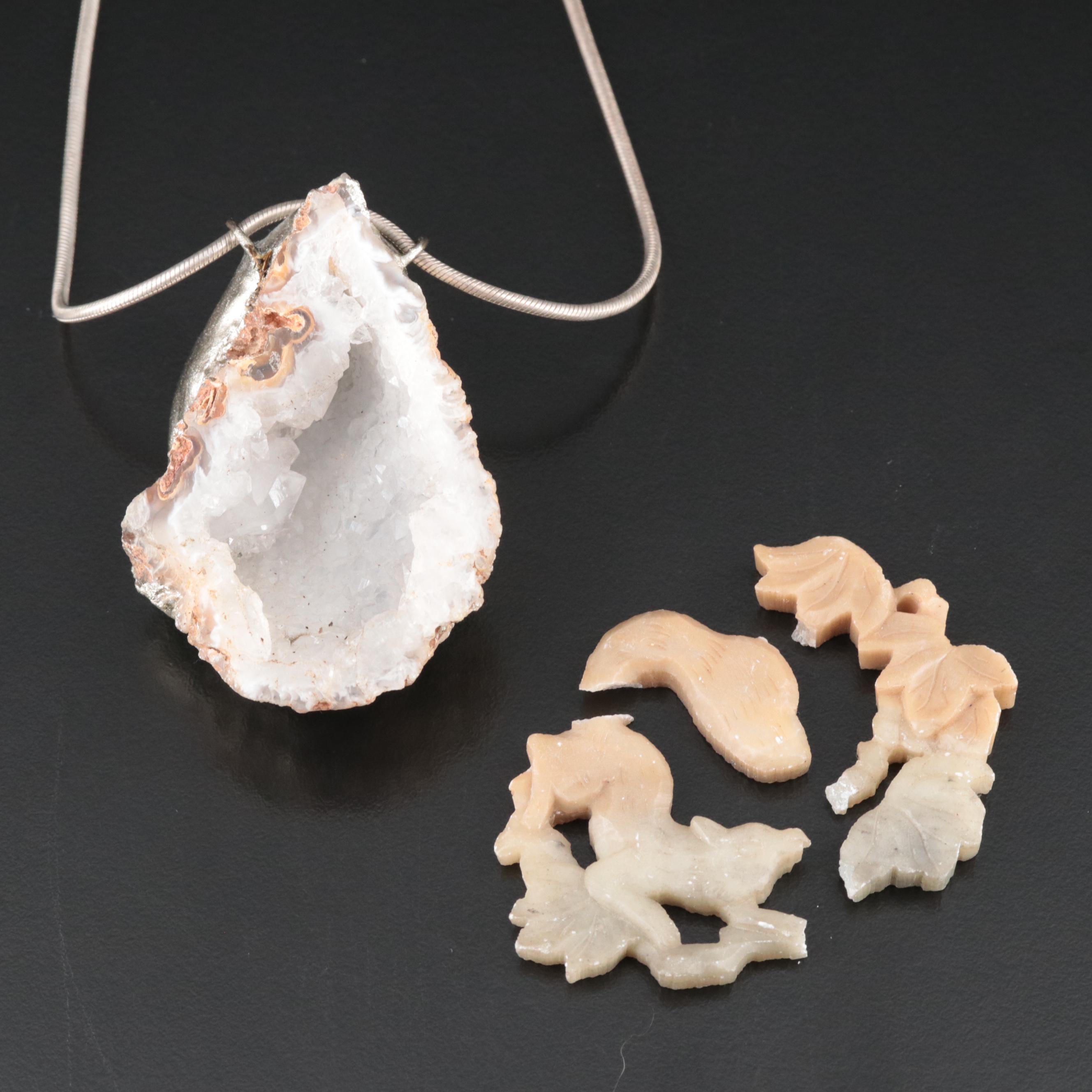 Sterling Quartz Geode Pendant with Snake Chain  and Loose Soapstone