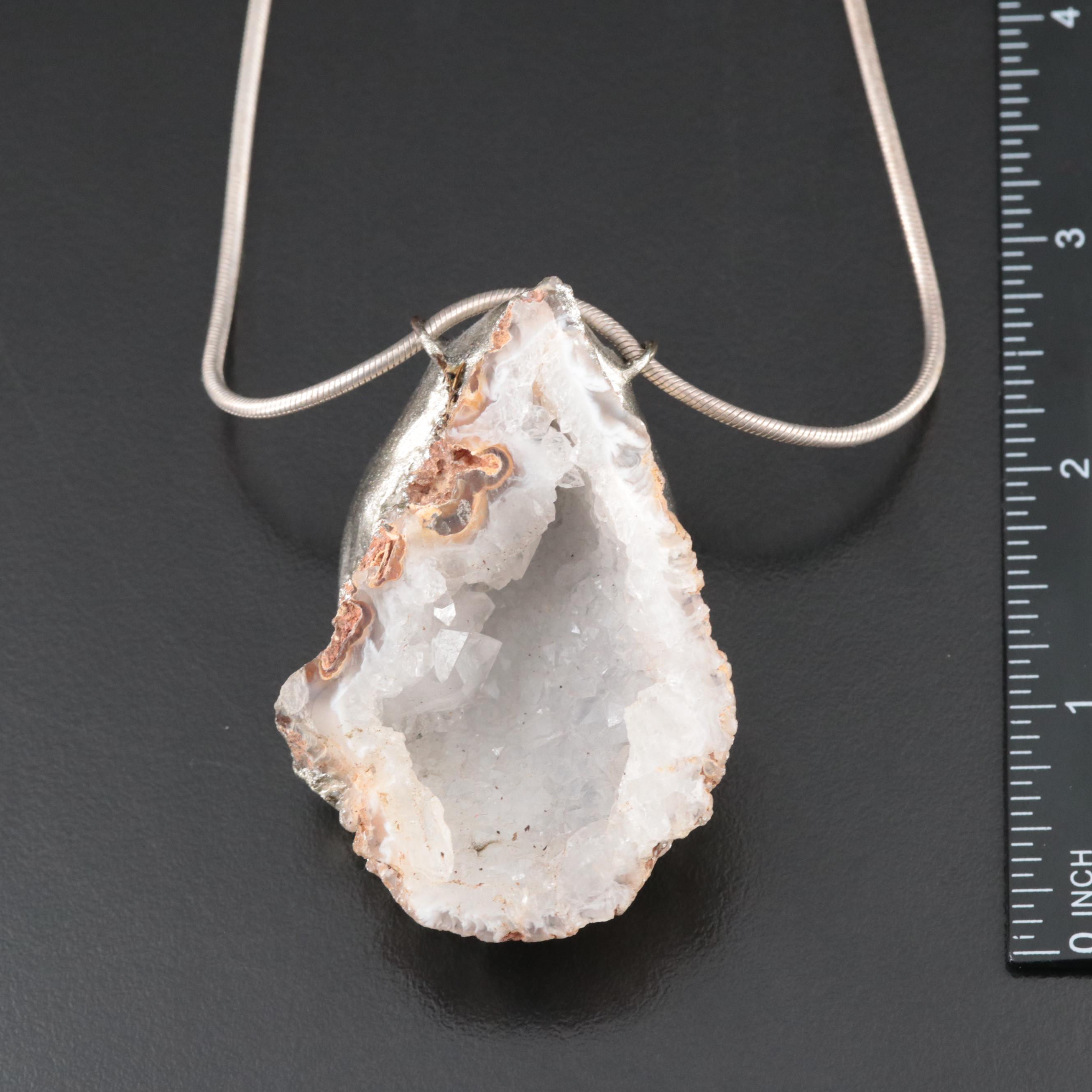 Sterling Quartz Geode Pendant with Snake Chain  and Loose Soapstone