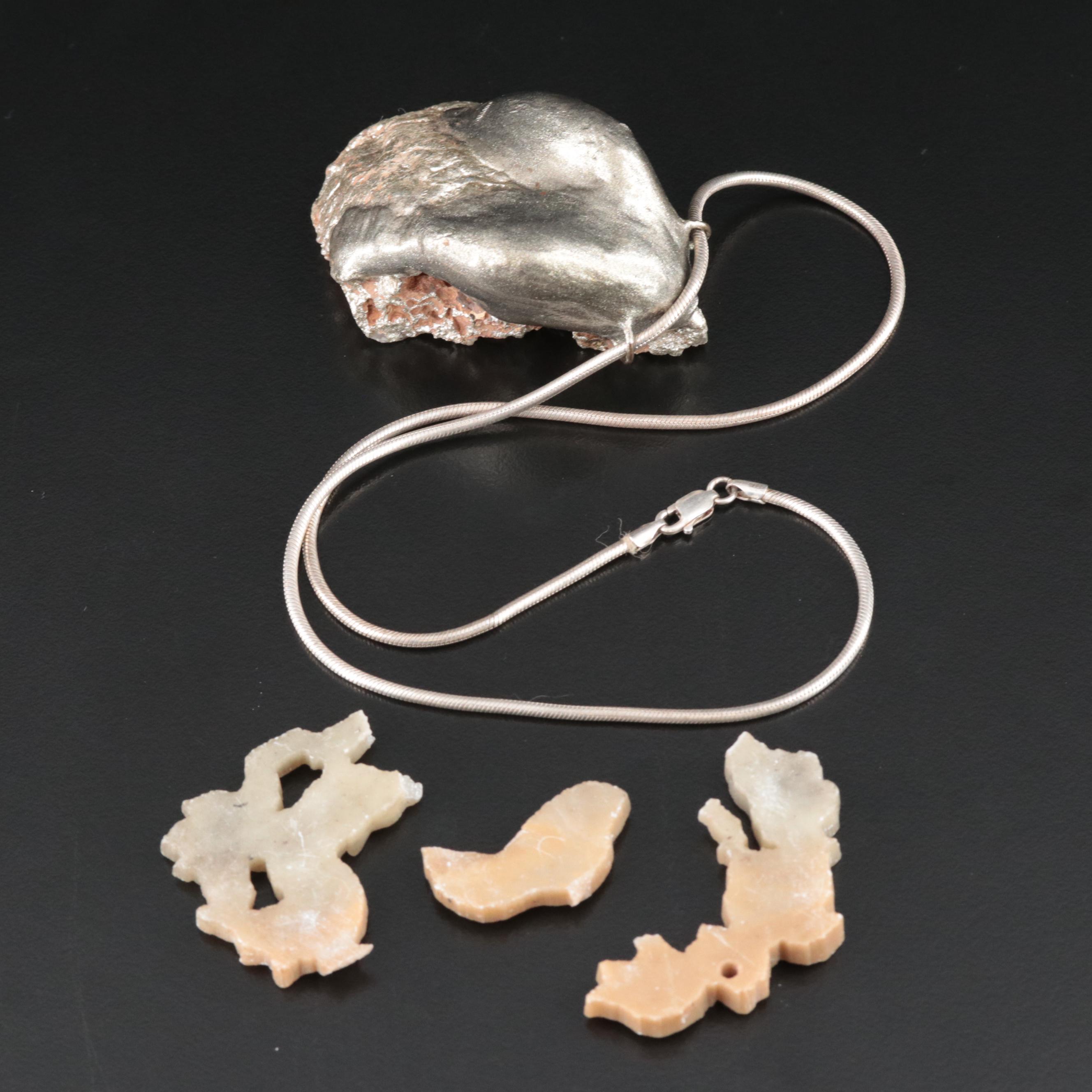 Sterling Quartz Geode Pendant with Snake Chain  and Loose Soapstone