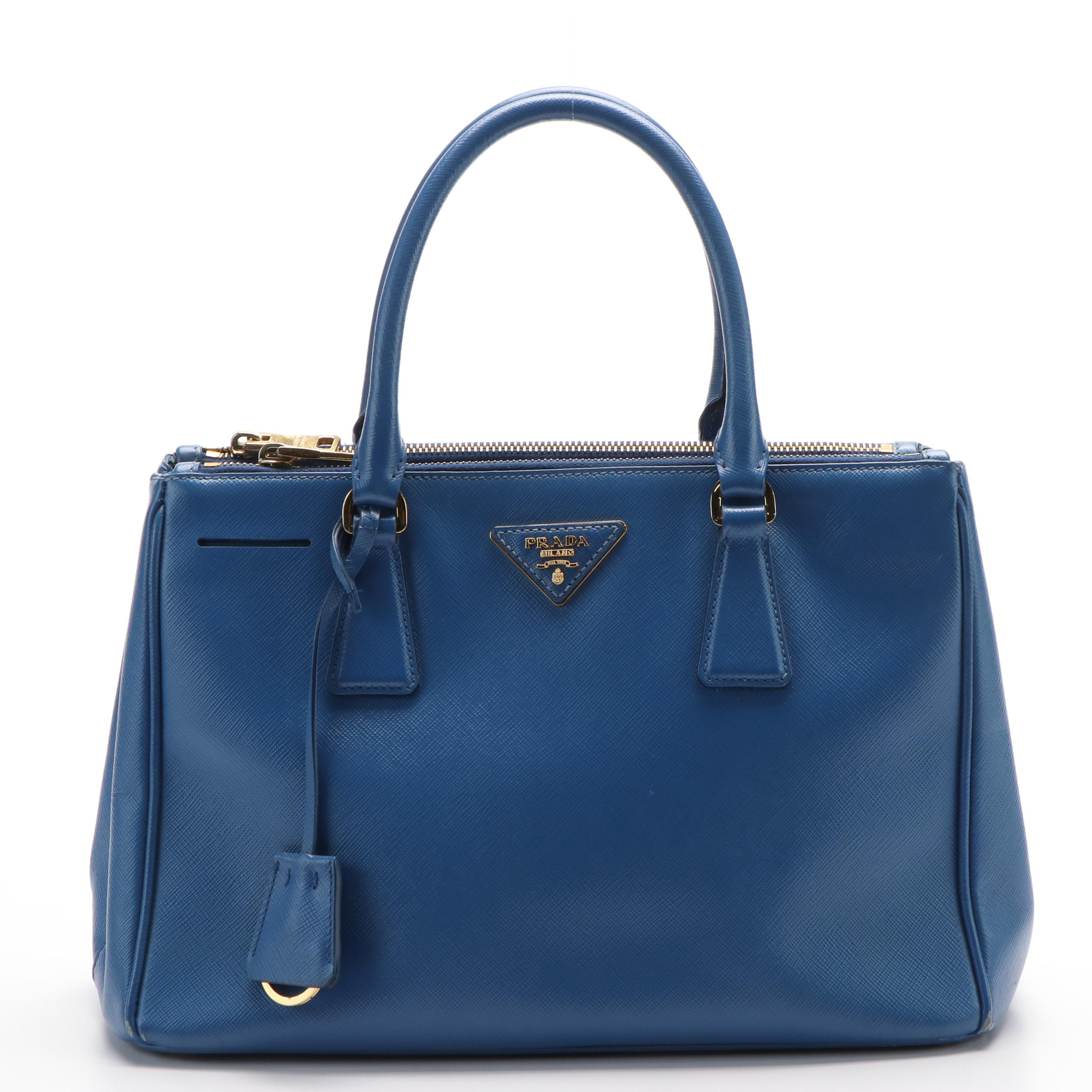 Prada Galleria Small Double Zip Tote in Blue Saffiano Leather
