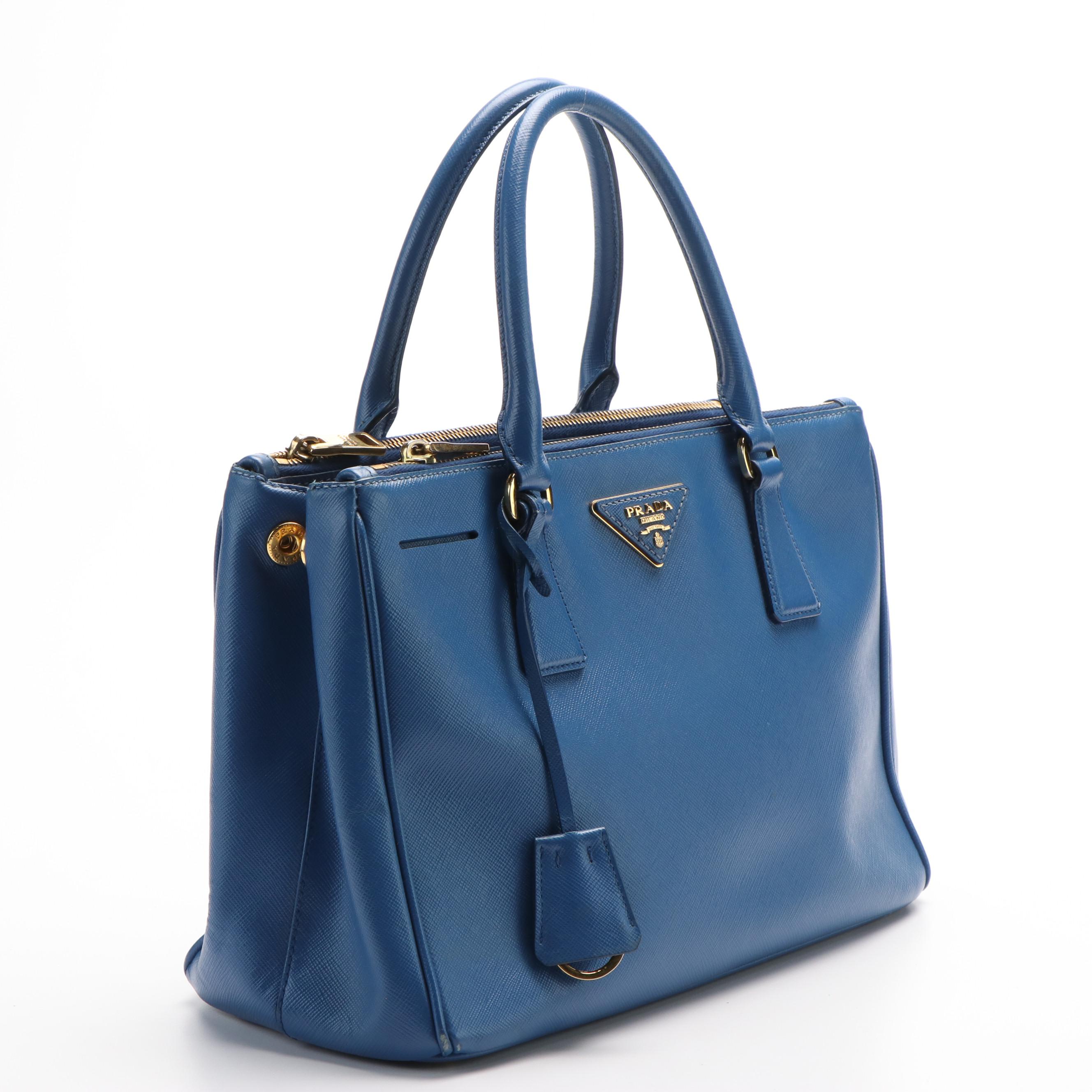 Prada Galleria Small Double Zip Tote in Blue Saffiano Leather