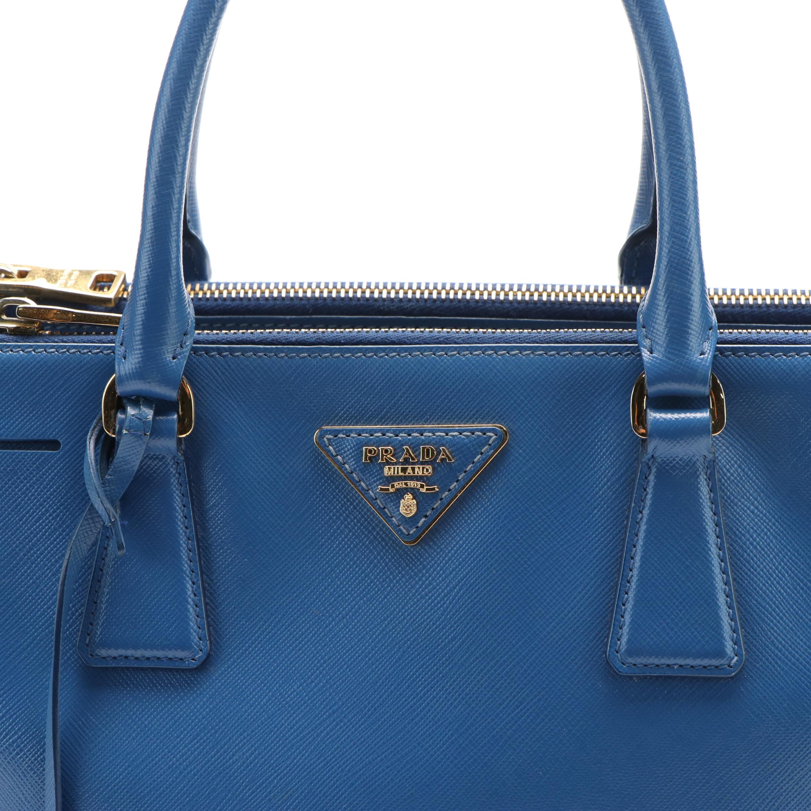 Prada Galleria Small Double Zip Tote in Blue Saffiano Leather