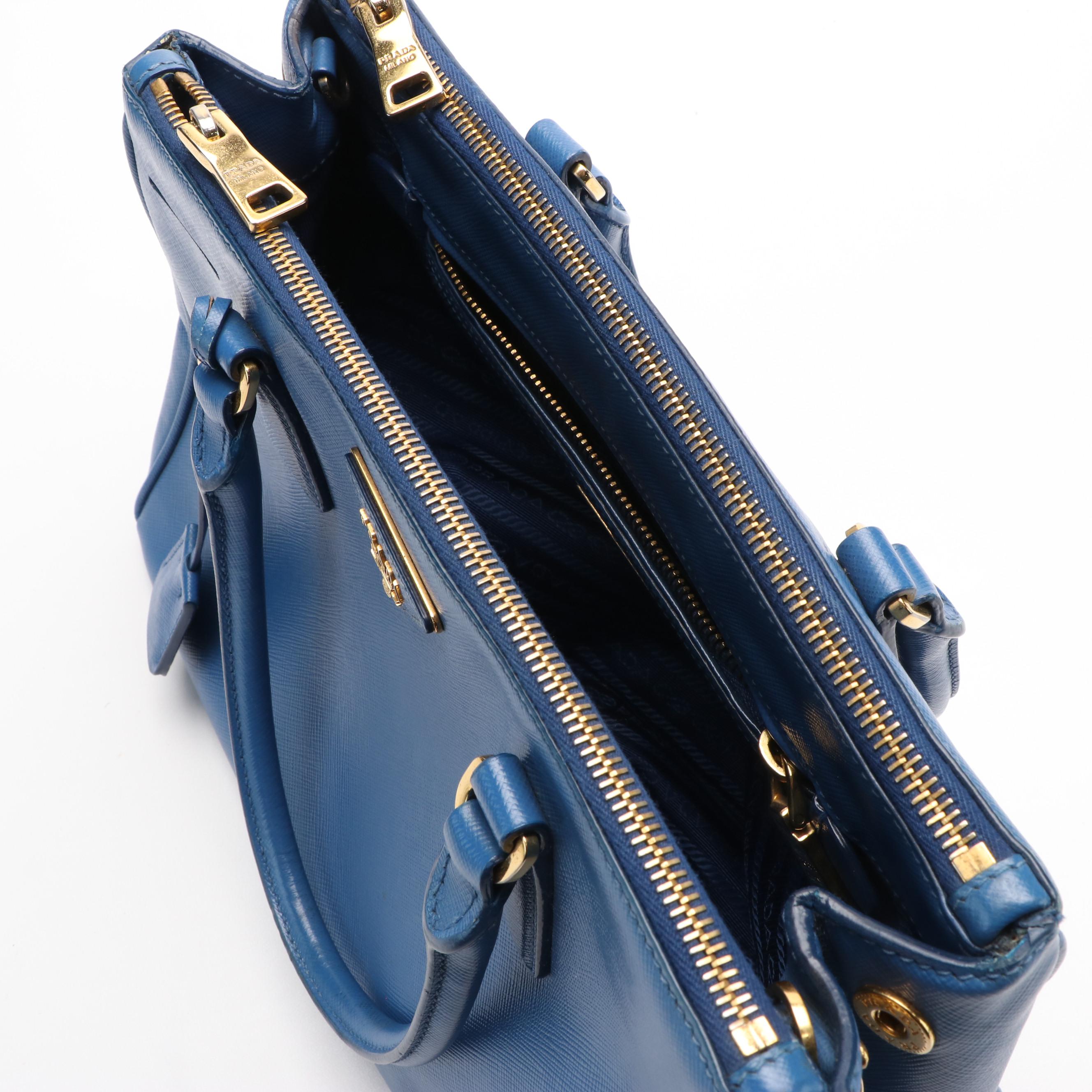 Prada Galleria Small Double Zip Tote in Blue Saffiano Leather