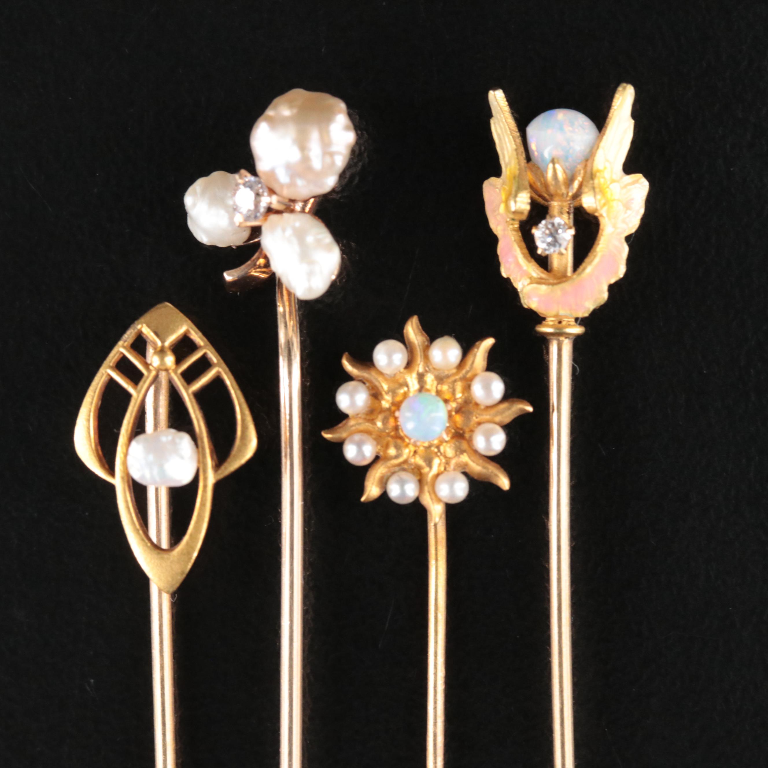 Antique 14K Stick Pins Featuring Krementz, Pearls, Opal and Diamonds