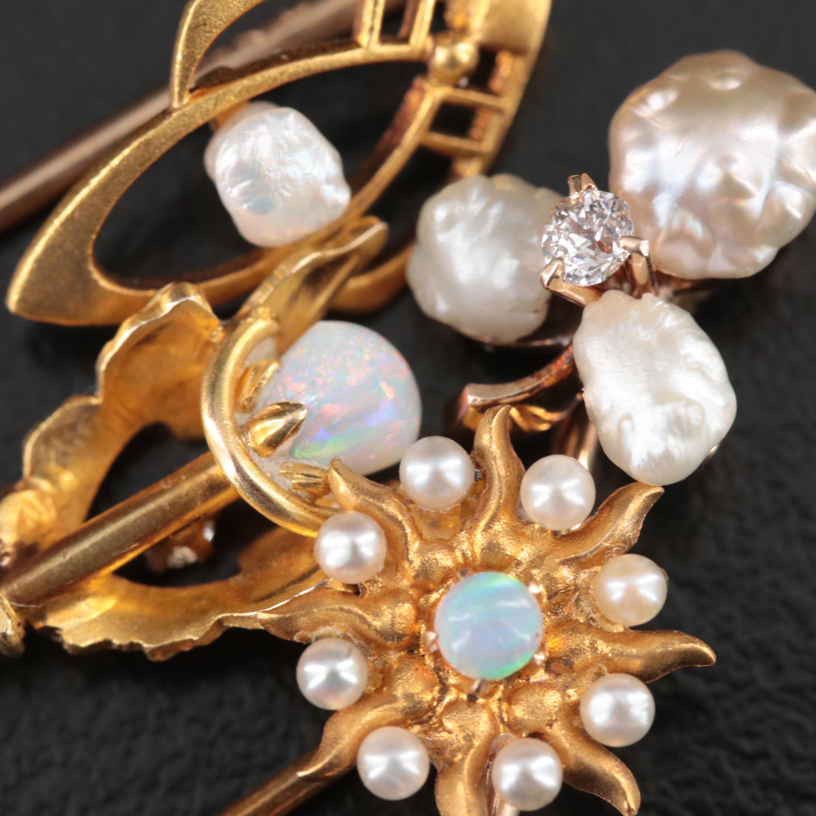 Antique 14K Stick Pins Featuring Krementz, Pearls, Opal and Diamonds