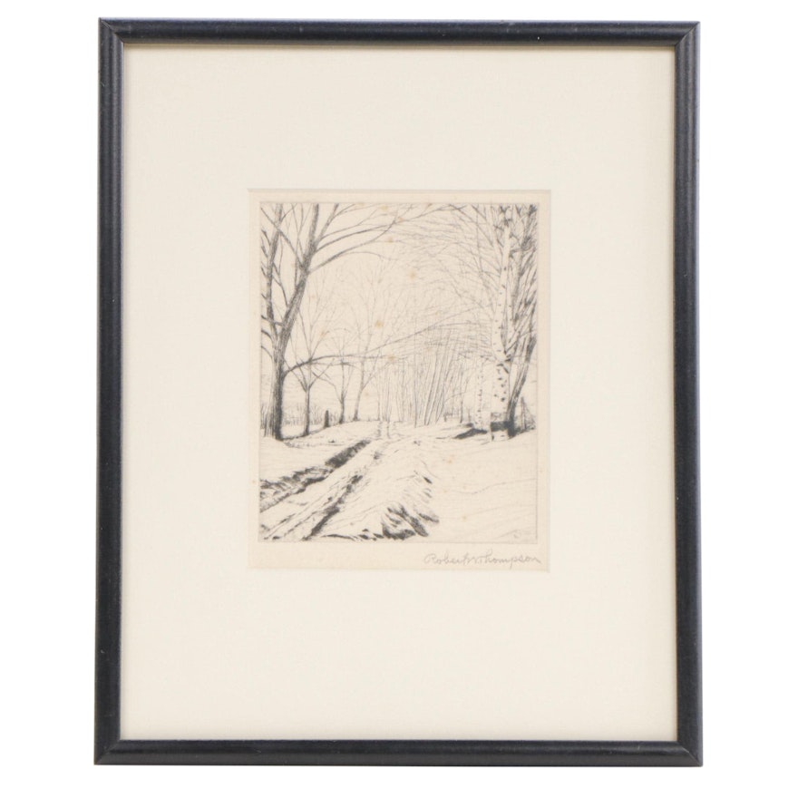 Robert W. Thompson Etching of Winter Landscape