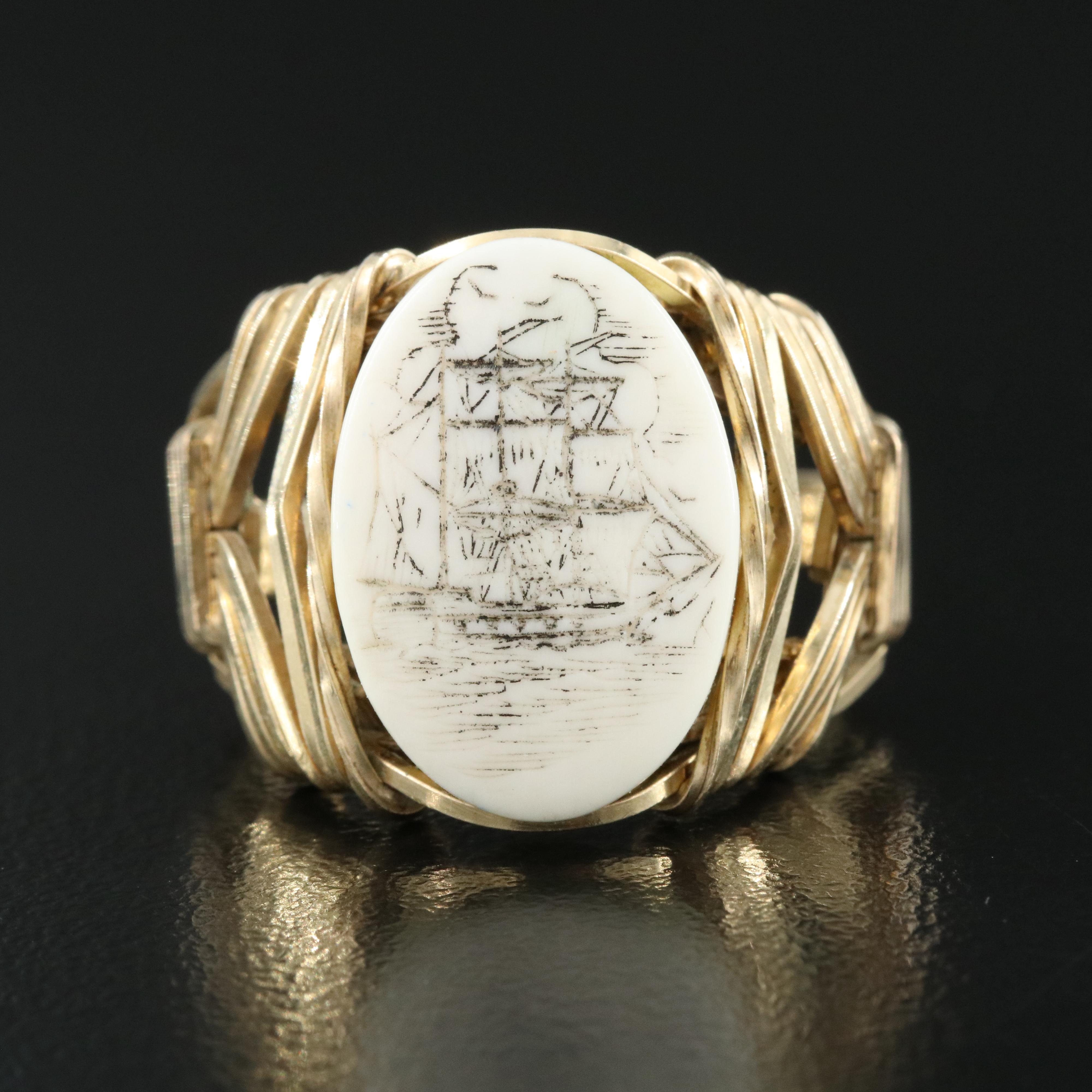14K Gold-Filled Hand Carved Bone Scrimshaw Ring