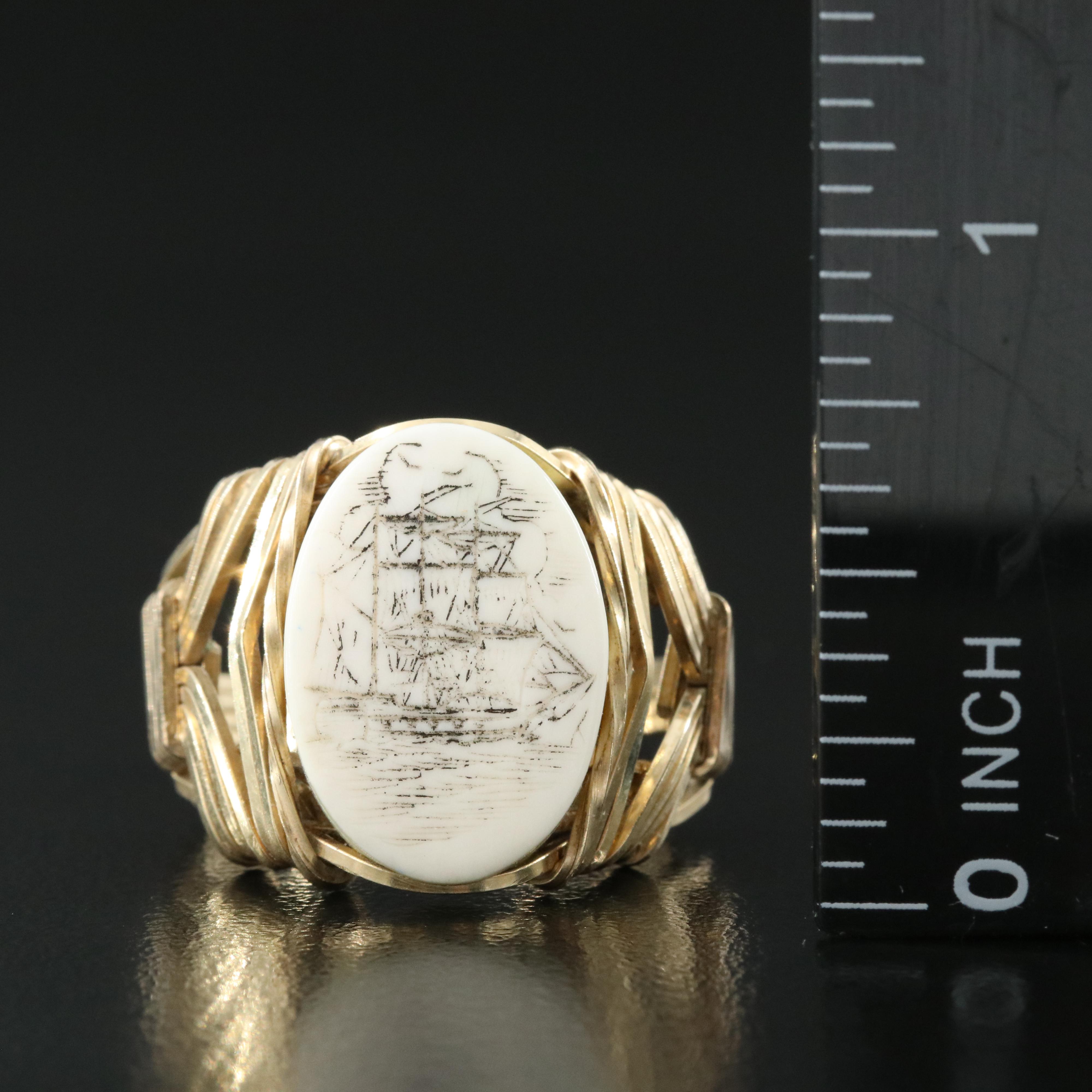 14K Gold-Filled Hand Carved Bone Scrimshaw Ring