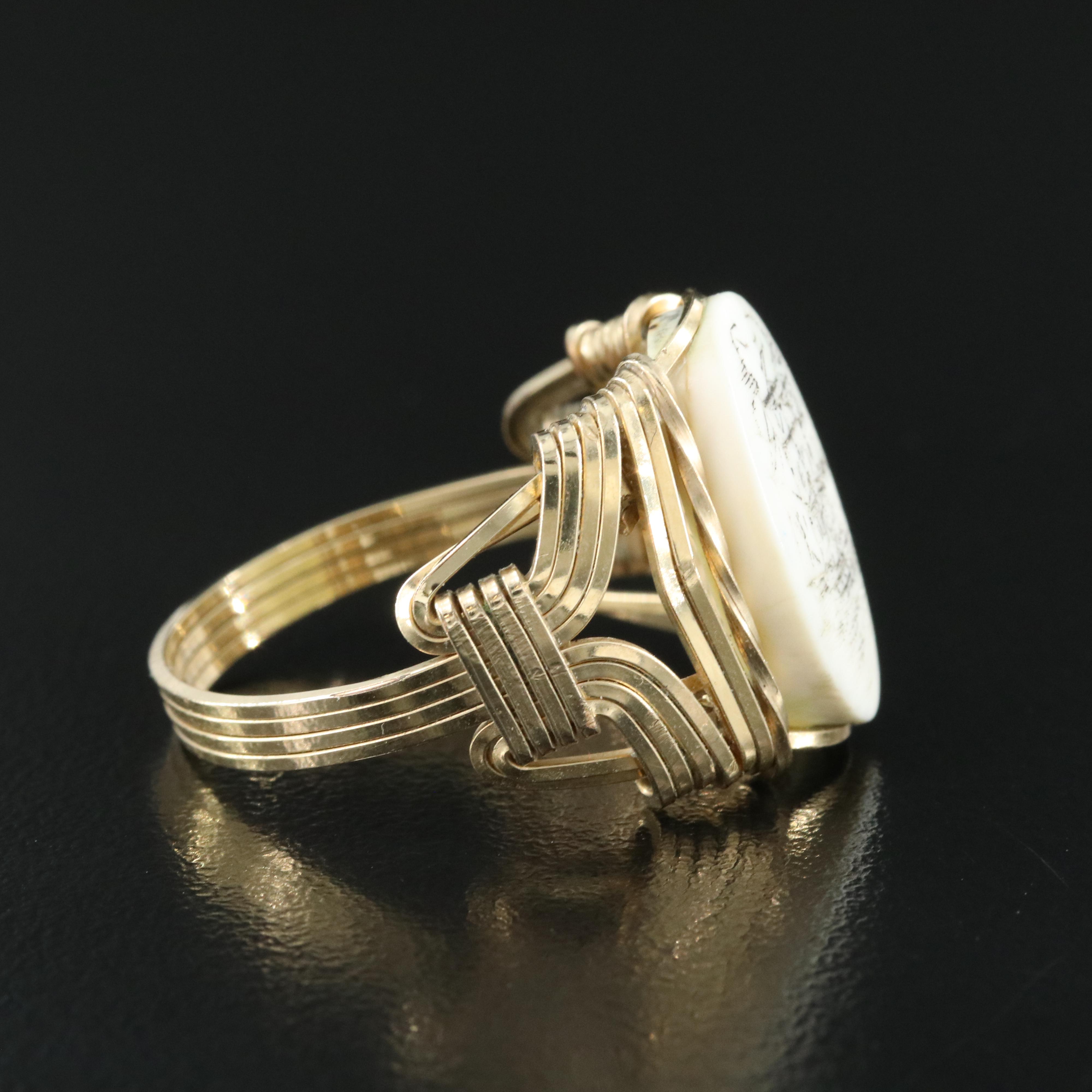 14K Gold-Filled Hand Carved Bone Scrimshaw Ring