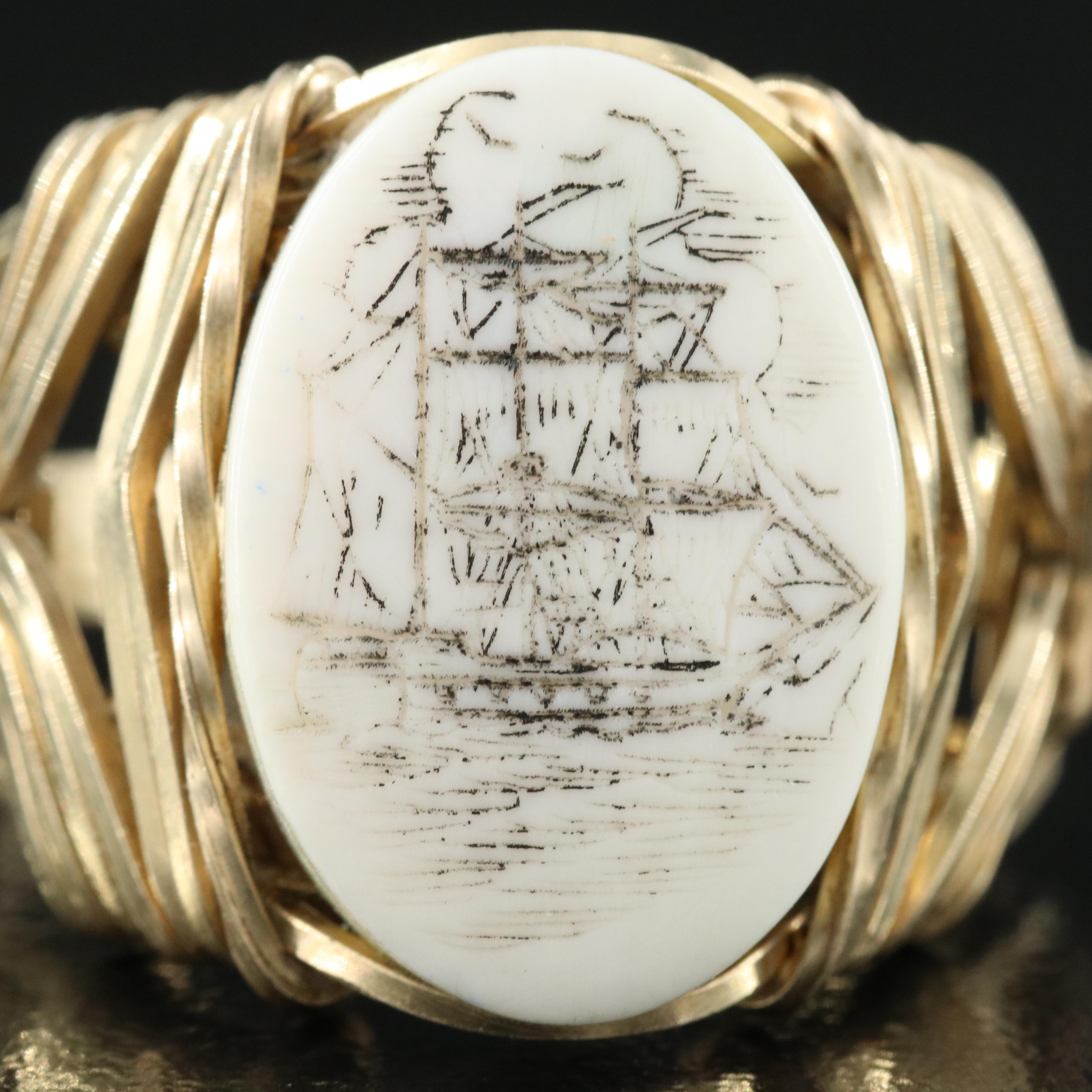 14K Gold-Filled Hand Carved Bone Scrimshaw Ring