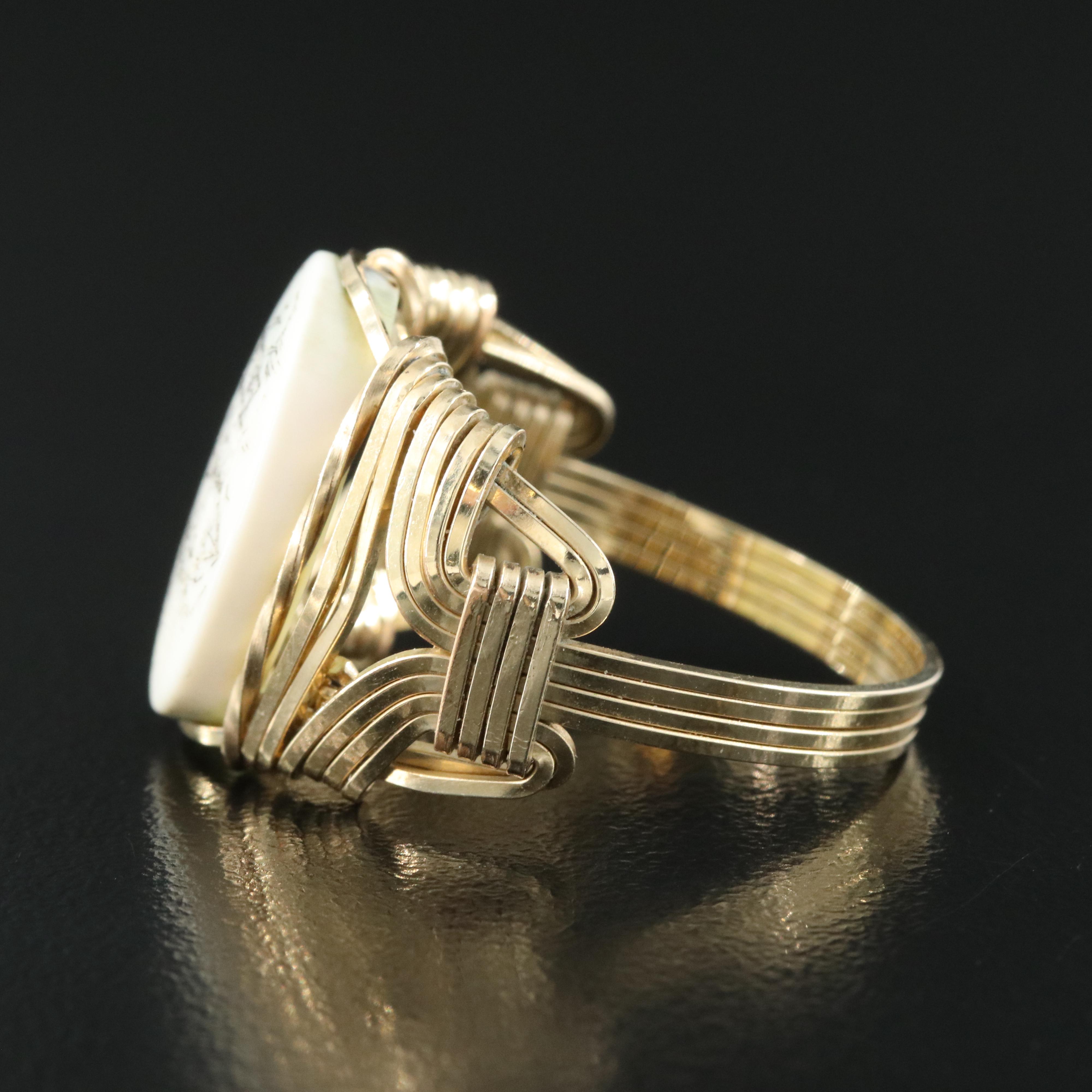 14K Gold-Filled Hand Carved Bone Scrimshaw Ring