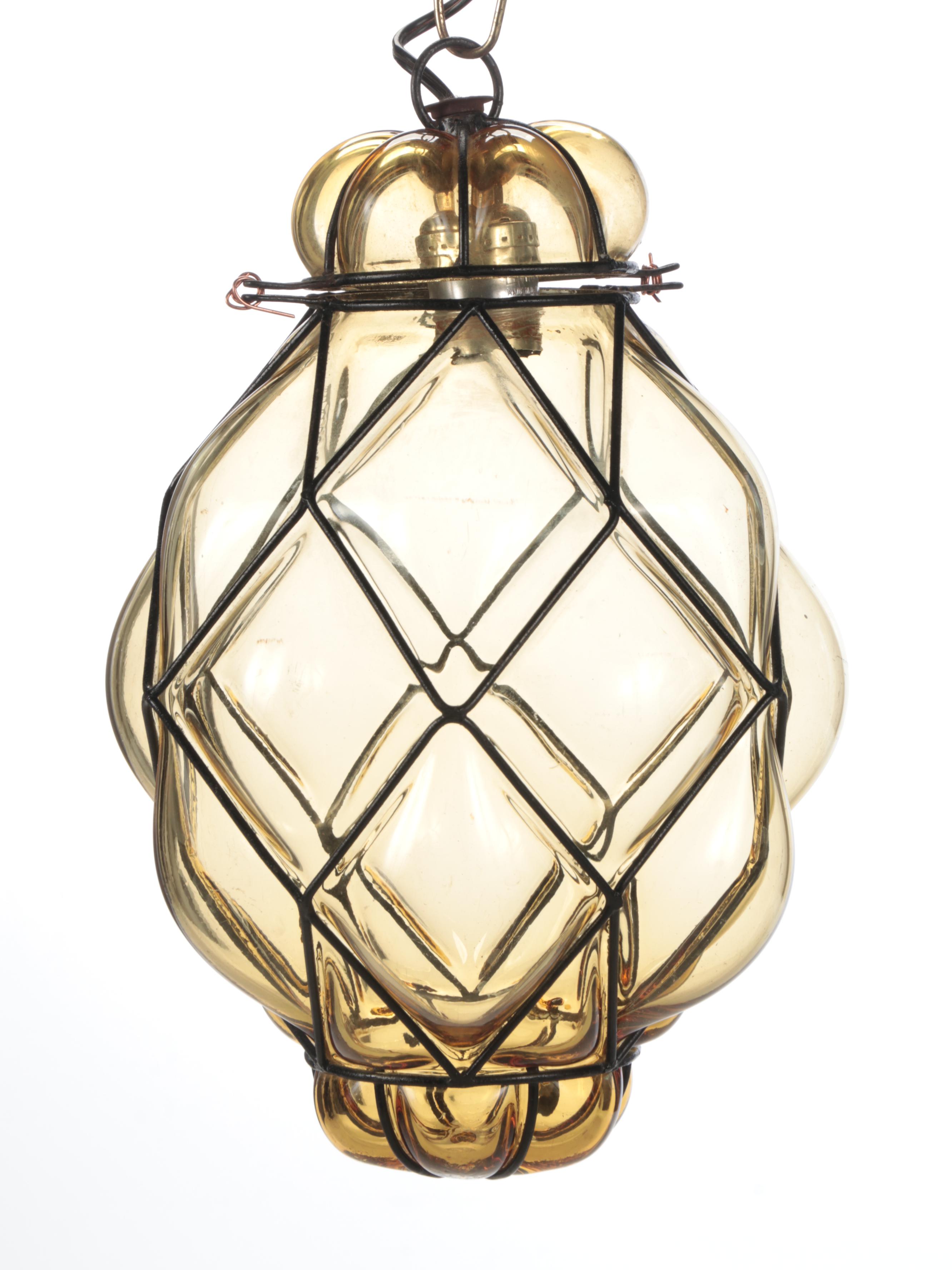 Mexican Amber Bubble Glass Cage Pendant Light, Mid to Late 20th C