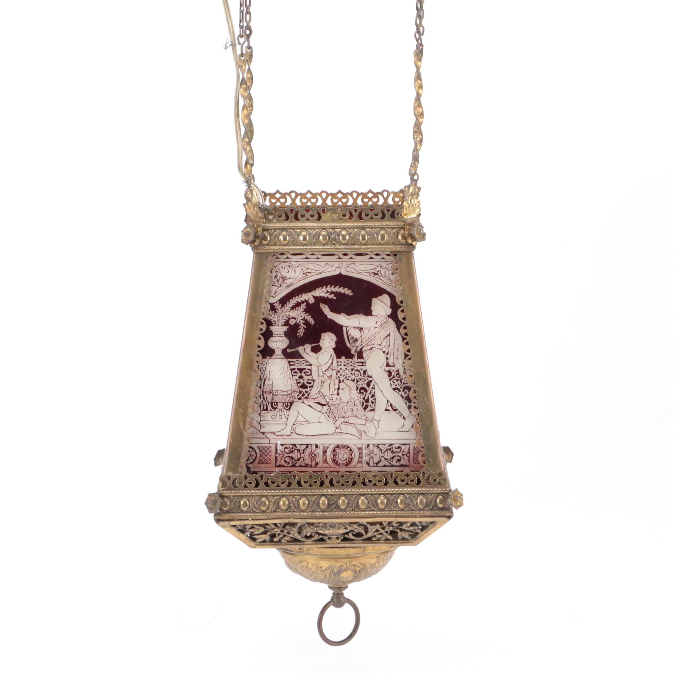 Victorian Etched Glass Panel Pendant Light, Adapted Mid-20th Century