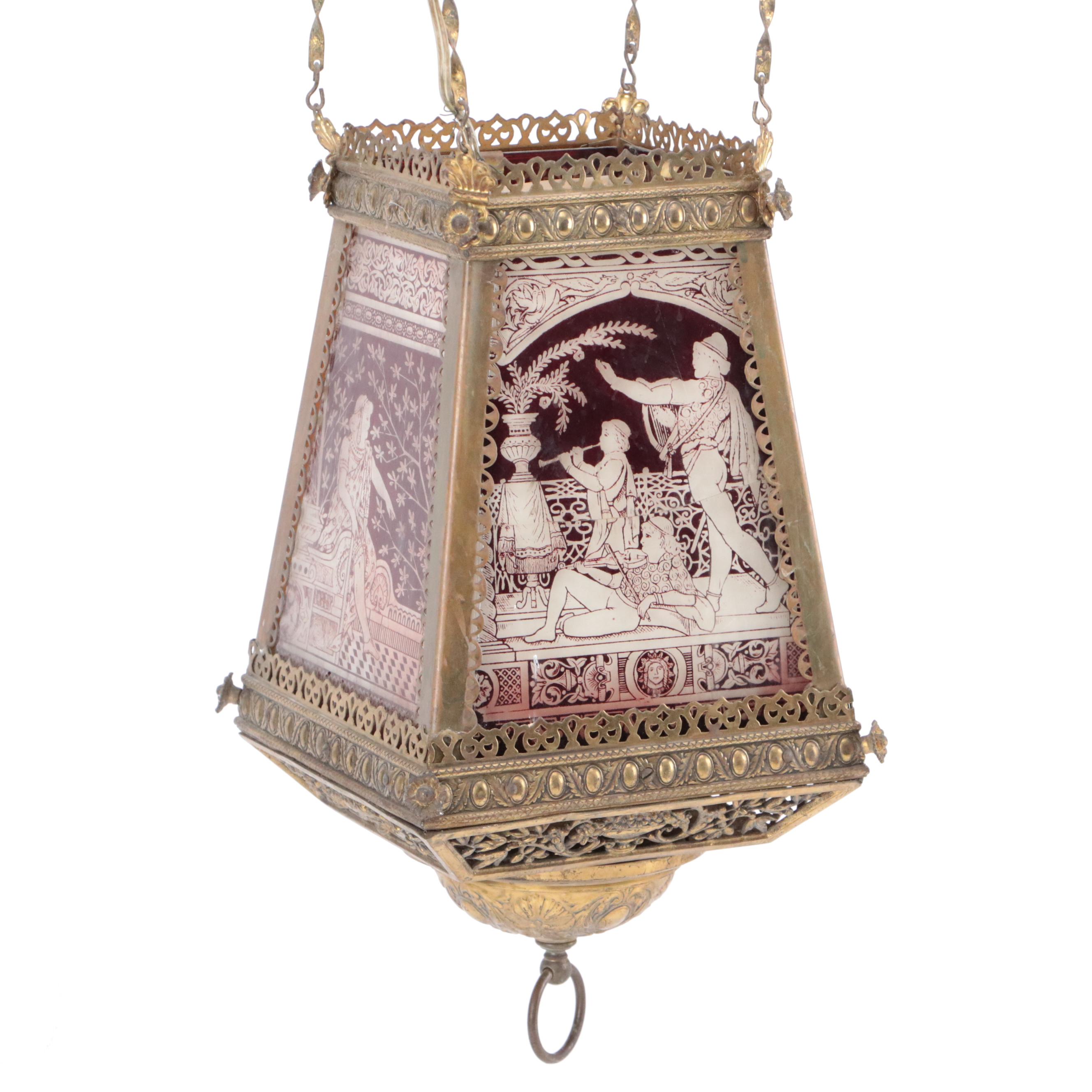 Victorian Etched Glass Panel Pendant Light, Adapted Mid-20th Century
