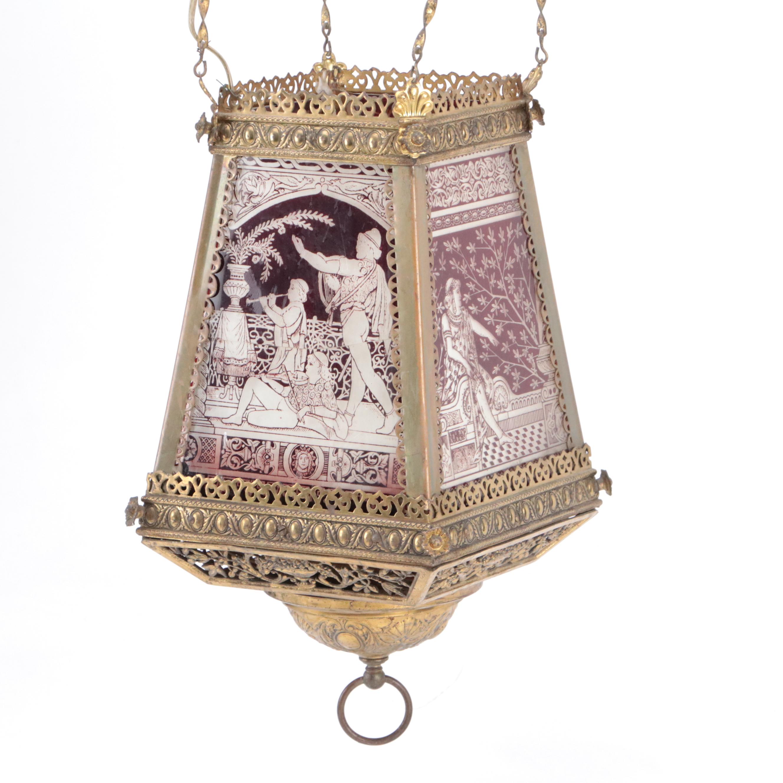 Victorian Etched Glass Panel Pendant Light, Adapted Mid-20th Century