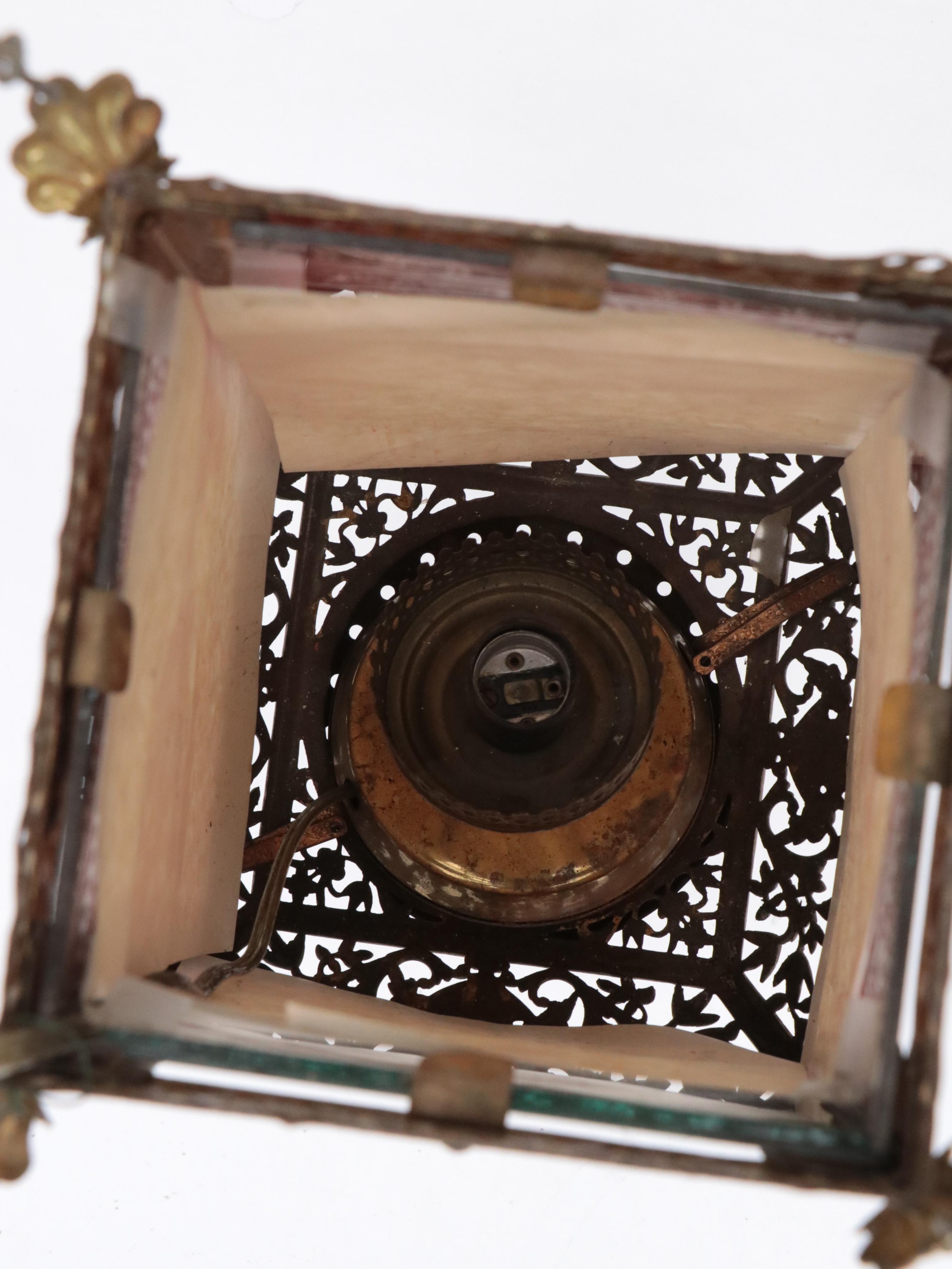 Victorian Etched Glass Panel Pendant Light, Adapted Mid-20th Century