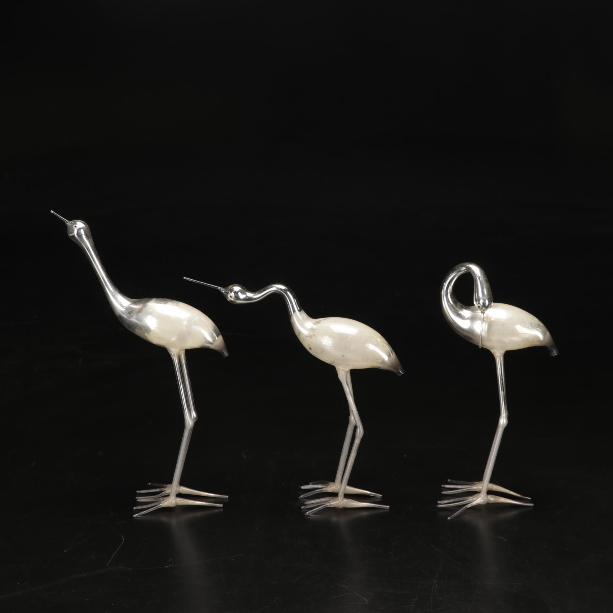 Hand Blown Mercury Glass Cranes With Enamel Eyes and Asian Jewelry Box