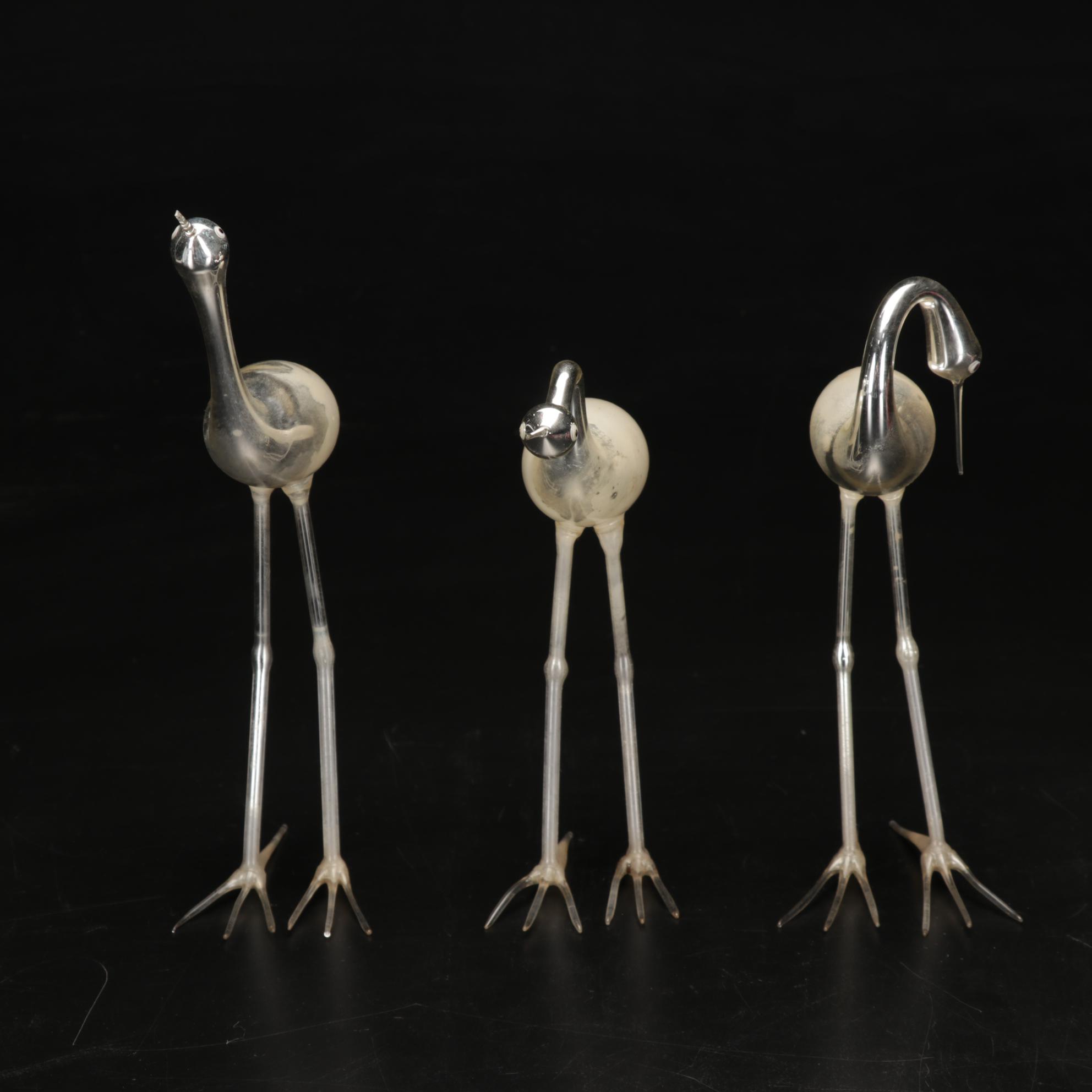 Hand Blown Mercury Glass Cranes With Enamel Eyes and Asian Jewelry Box