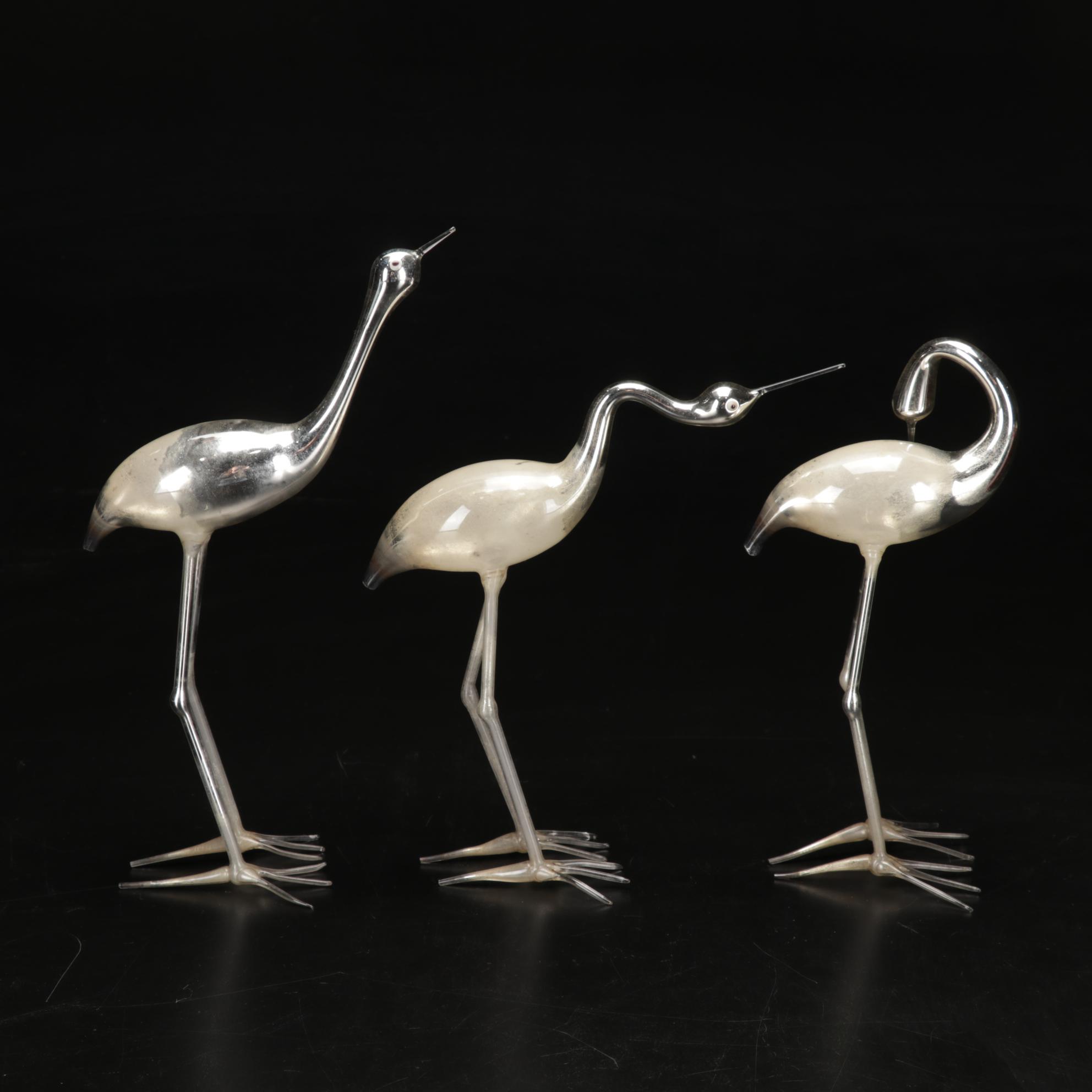 Hand Blown Mercury Glass Cranes With Enamel Eyes and Asian Jewelry Box