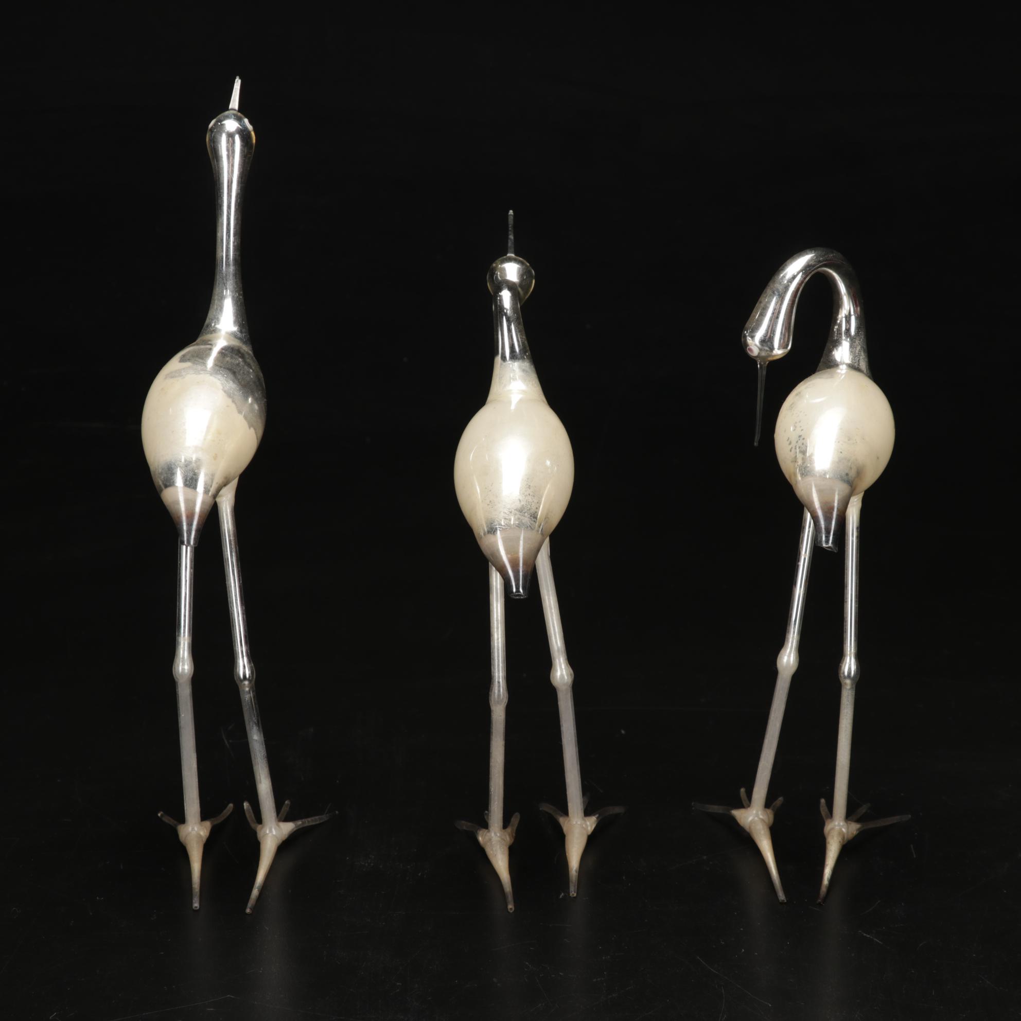 Hand Blown Mercury Glass Cranes With Enamel Eyes and Asian Jewelry Box