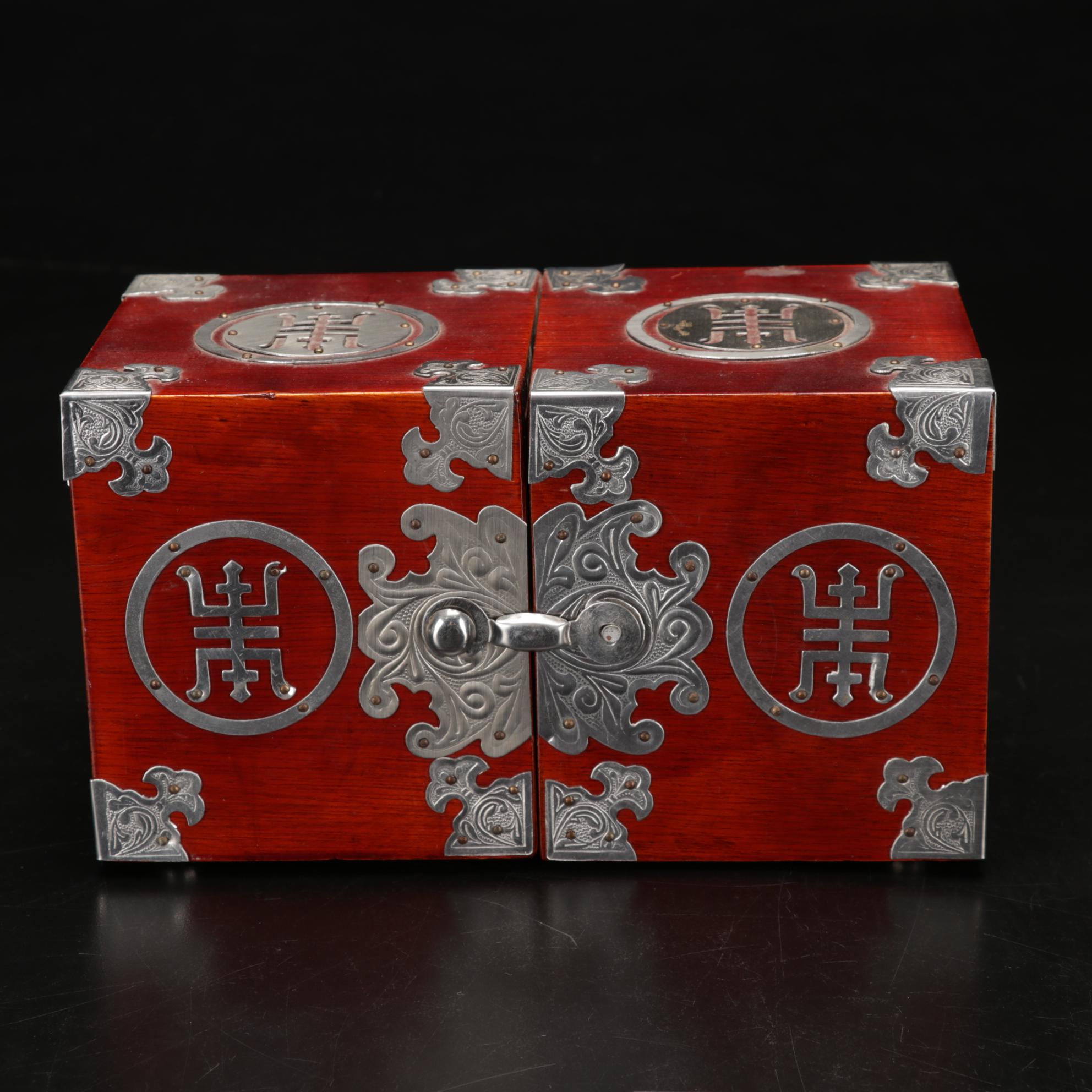 Hand Blown Mercury Glass Cranes With Enamel Eyes and Asian Jewelry Box