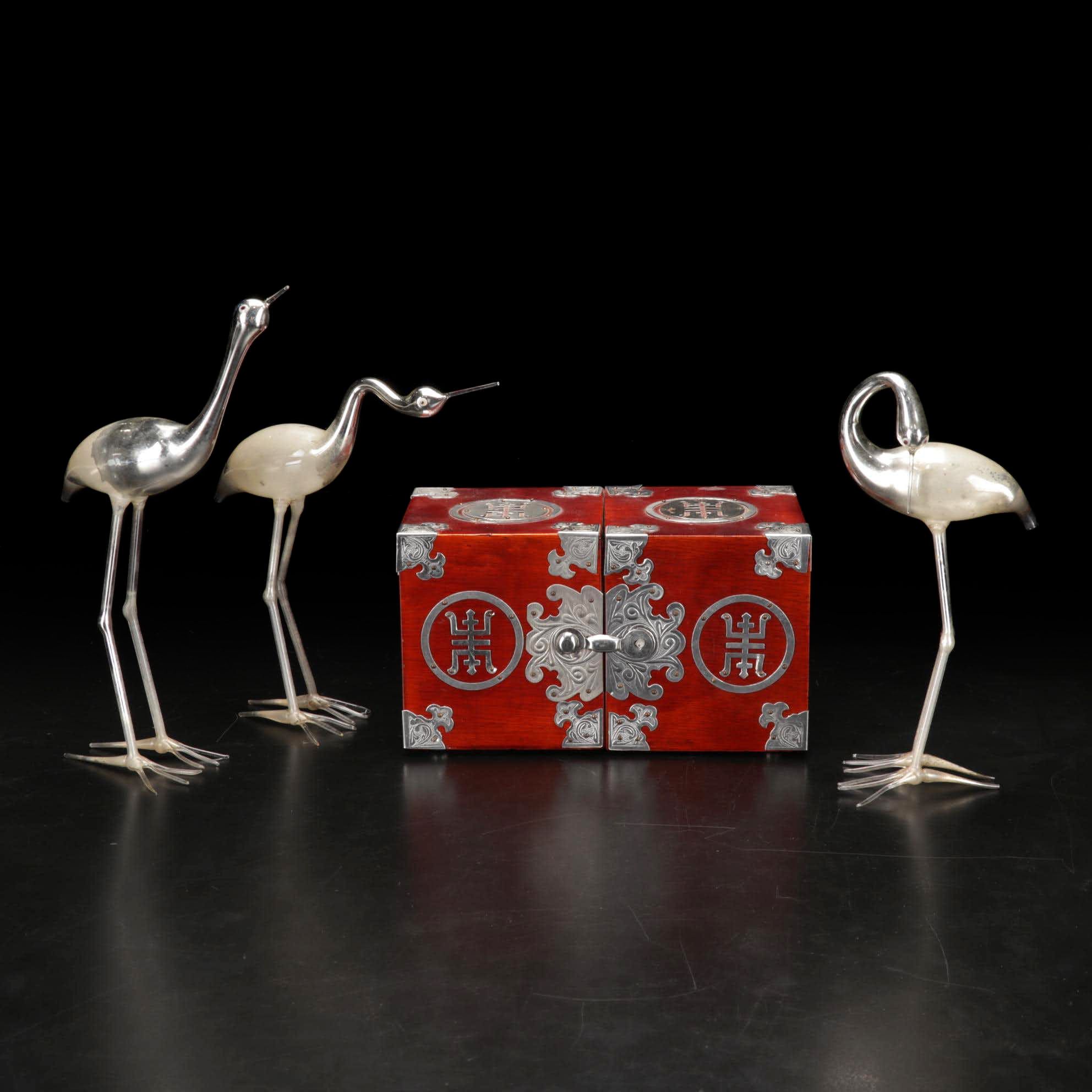 Hand Blown Mercury Glass Cranes With Enamel Eyes and Asian Jewelry Box
