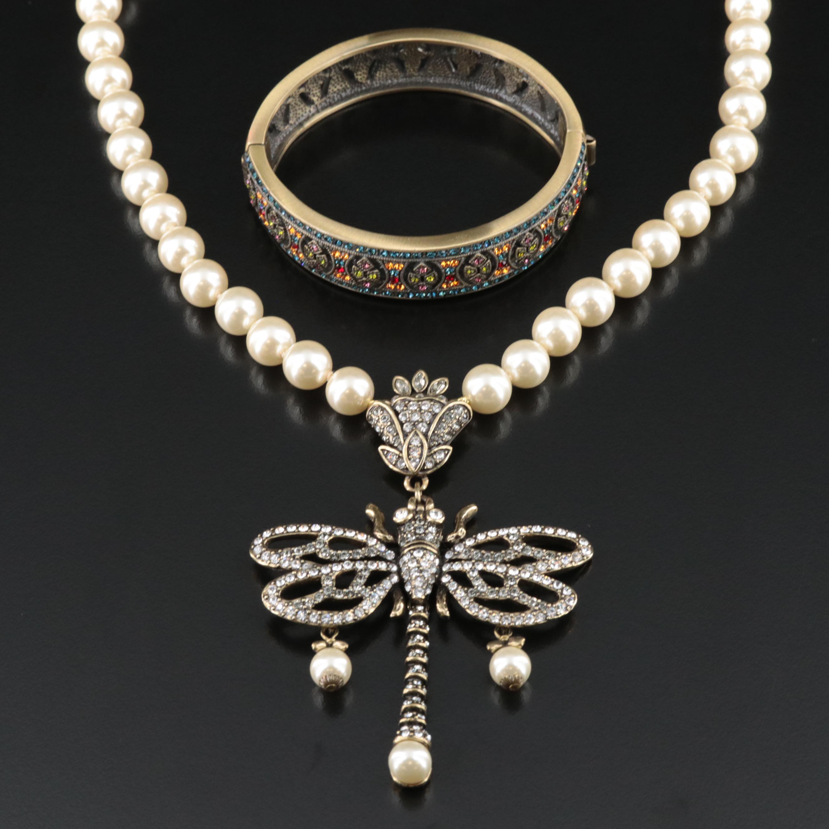 Heidi Daus Dragonfly Necklace and Hinged Bangle with Crystals