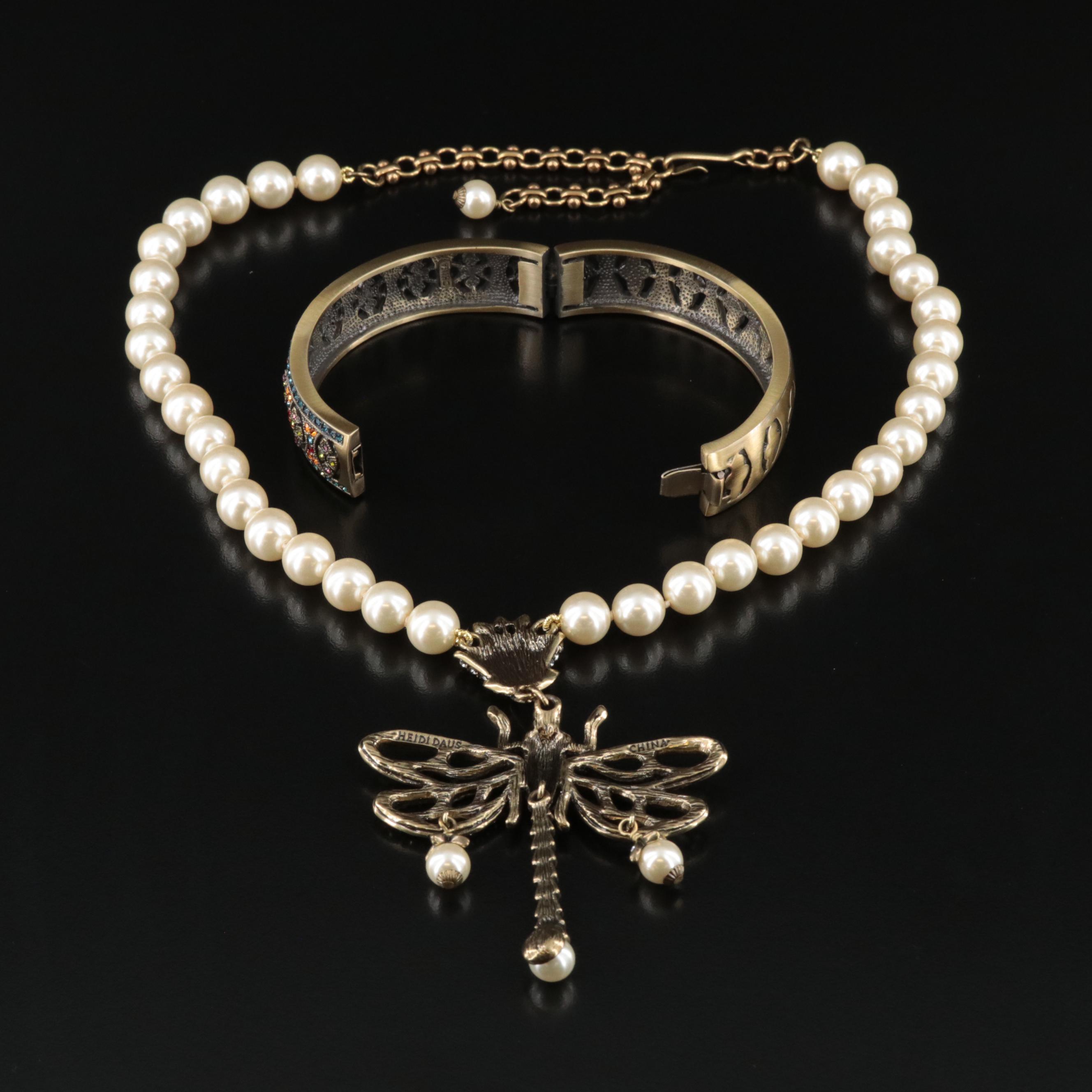 Heidi Daus Dragonfly Necklace and Hinged Bangle with Crystals