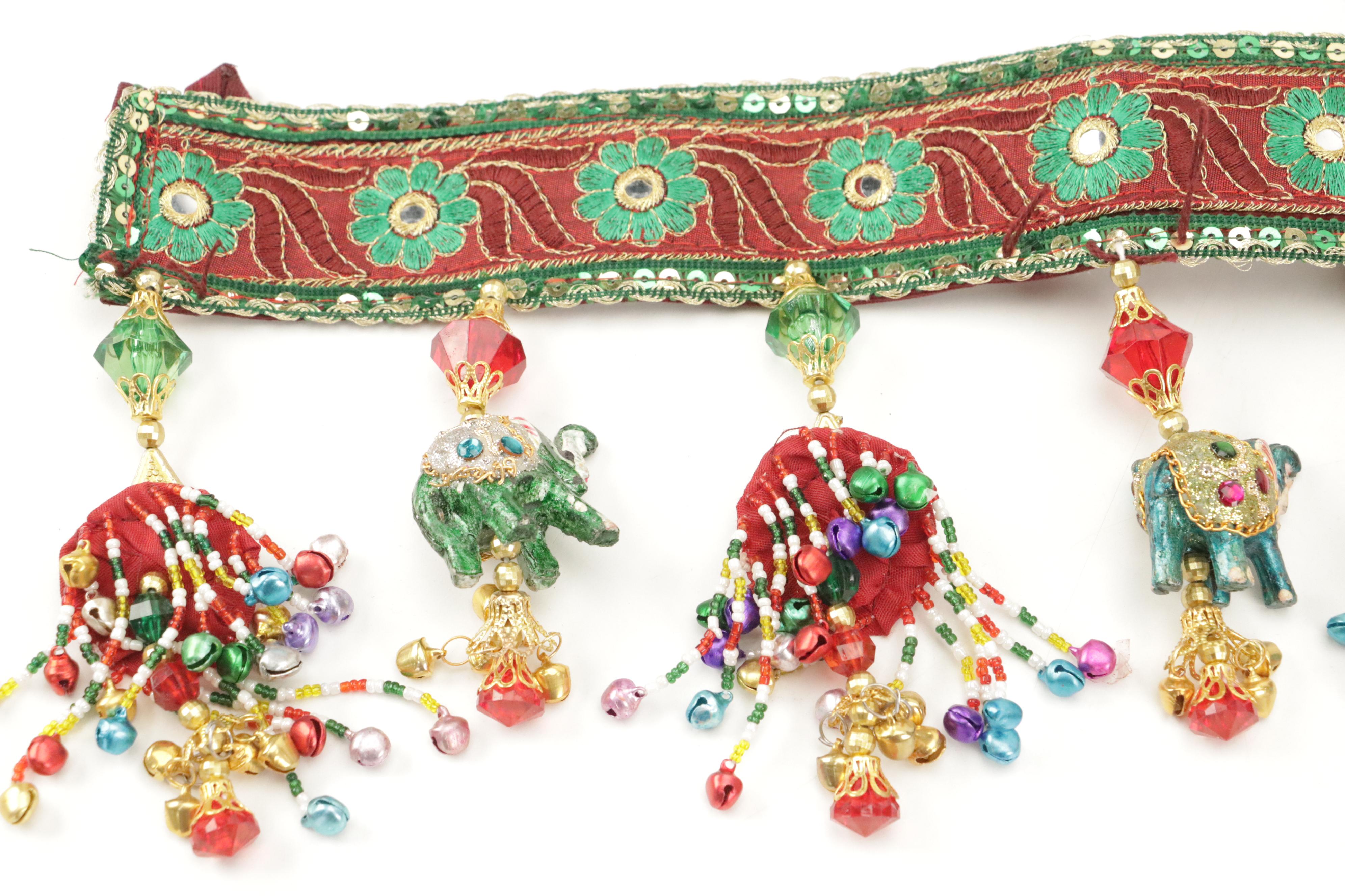 Indian Style Embellished Valance Set with Elephant Ornaments, Bells, and Beads